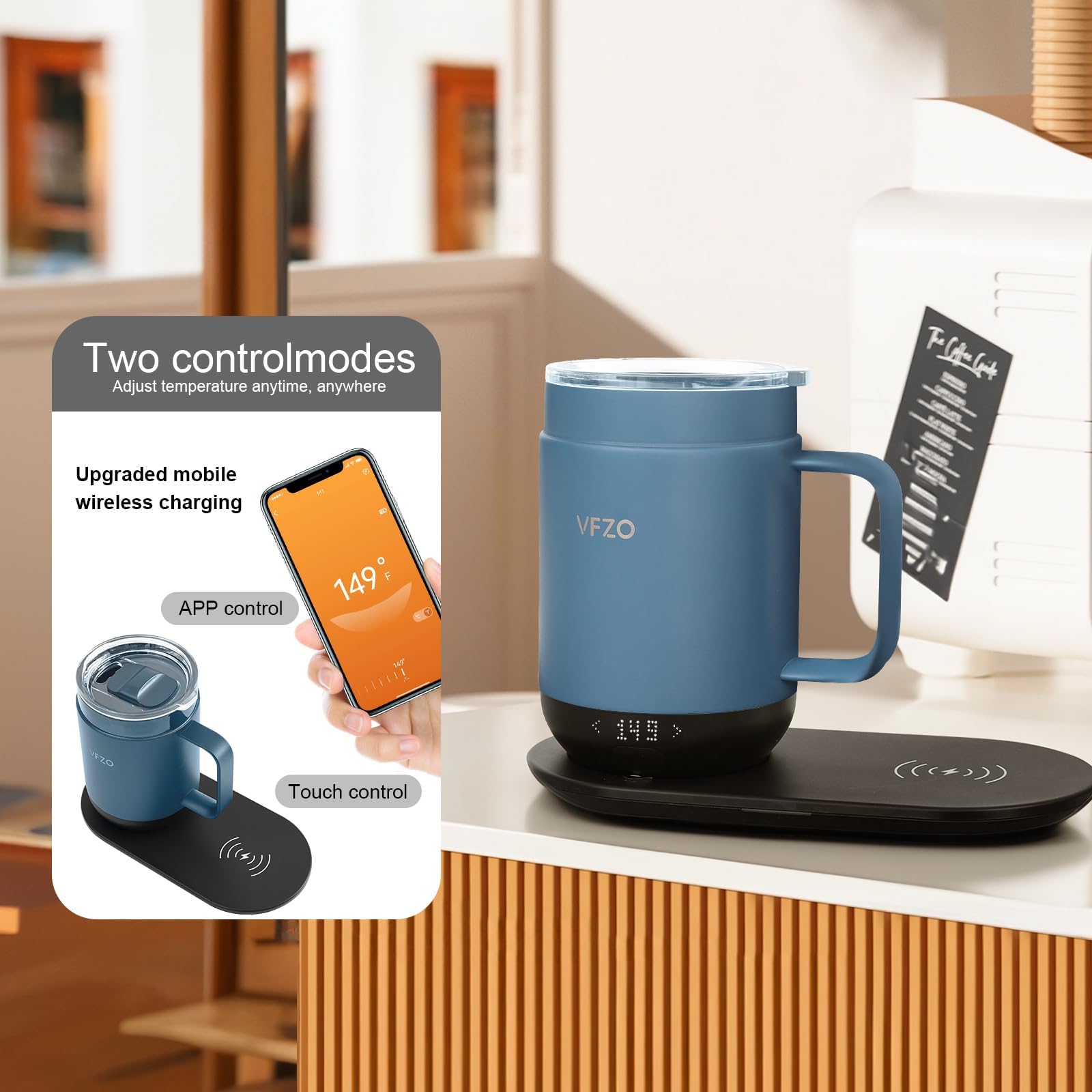 16oz Smart Self-Heating Coffee Mug with Temperature Control & LED Display - 180 Min Battery Life, Fast Wireless Charging Base (149℉ Max) - Perfect for Office, Travel & Home Use - Slate Blue