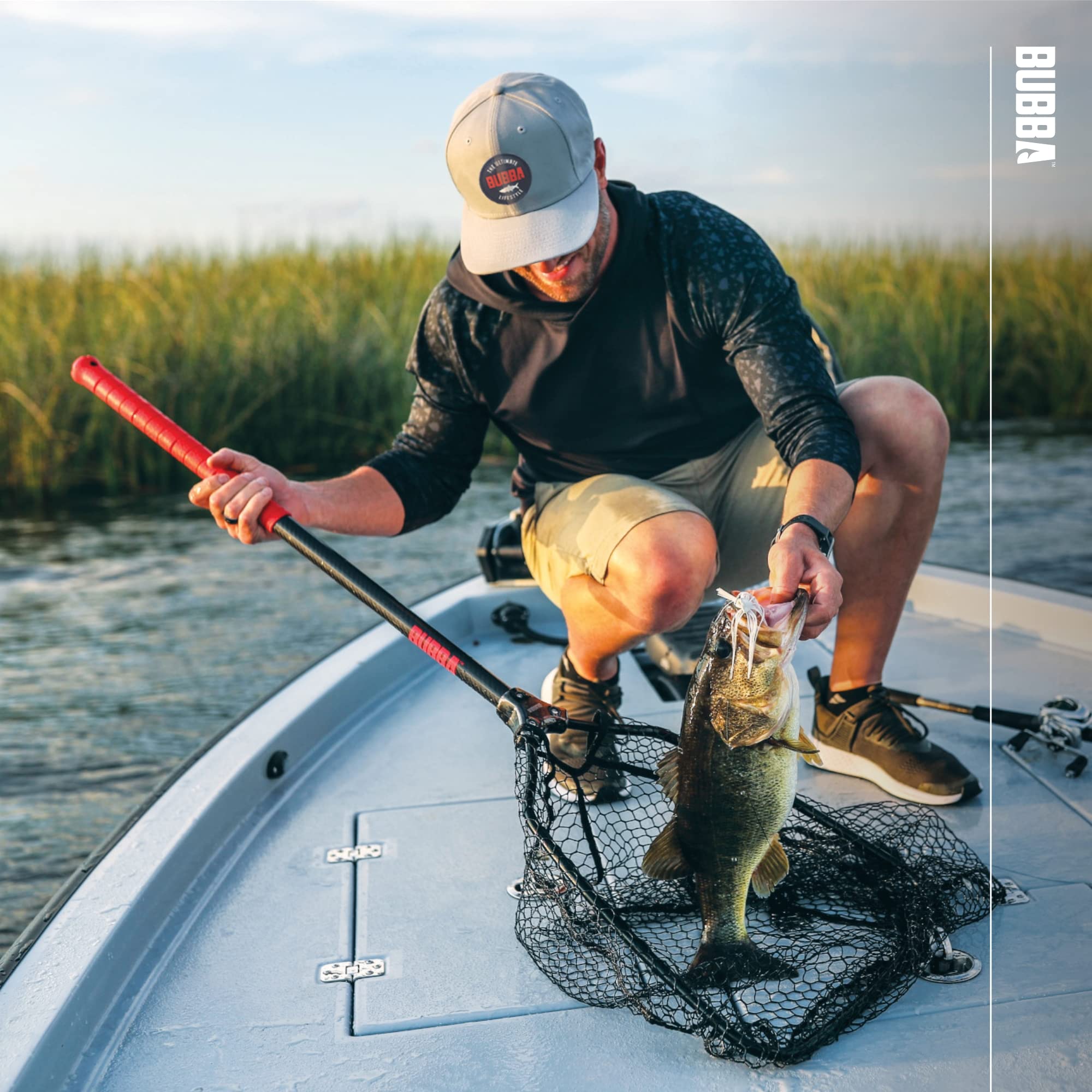 BUBBA Premium Fishing Landing Net - Corrosion Resistant Carbon Fiber Shaft with Non-Slip Grip Handle for Anglers, Boating & Outdoor Adventures | Perfect for Freshwater, Saltwater & Kayak Fishing