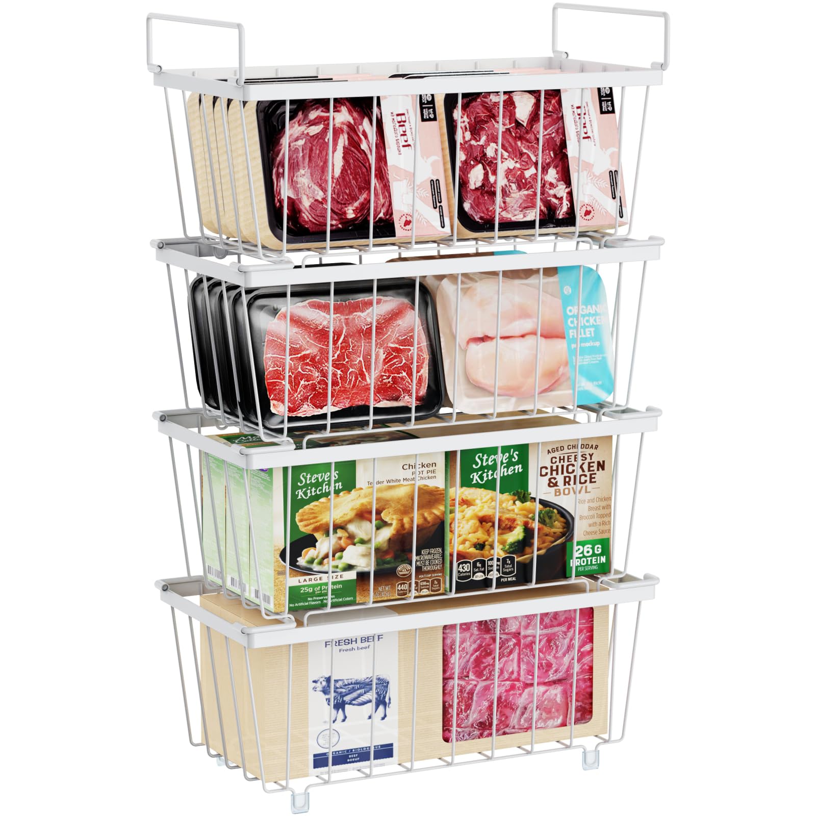 iSPECLE Freezer Organizer Bins - 4 Pack Small Stackable Deep Freezer Organizer Bins for 7 Cu.Ft Freezers | Easy Access to Bottom Foods | Prevent Frozen Food Waste | Perfect for Chest Freezers, Kitchens & Meal Prep | White