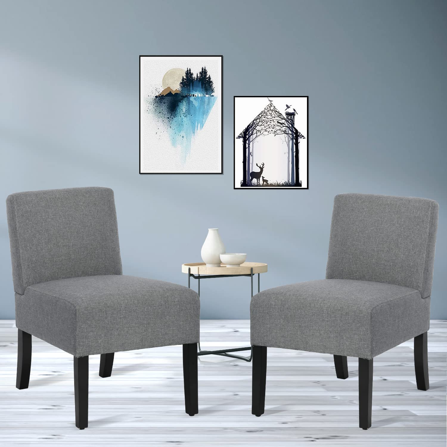Modern Accent Chair Set of 2 - Grey Armless Living Room Chairs with Thick Cushion for Bedroom, Office & Small Spaces - Perfect for Reading Nook, Guest Seating or Lounge Area
