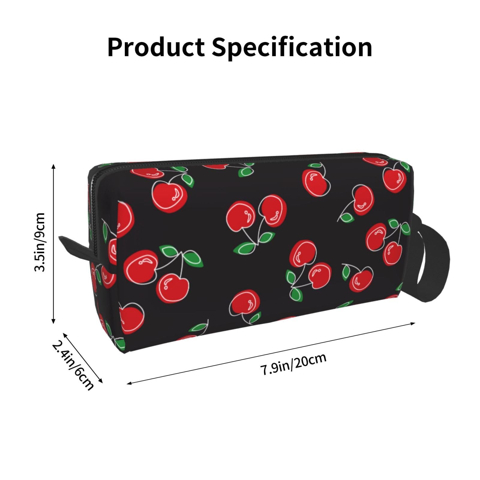 Red Cherry Black Makeup Bag Organizer - Small Cosmetic Travel Toiletry Bag with Handle - Portable Zipper Pouch for Women & Girls - Perfect for Travel, Gym, and Daily Essentials Storage