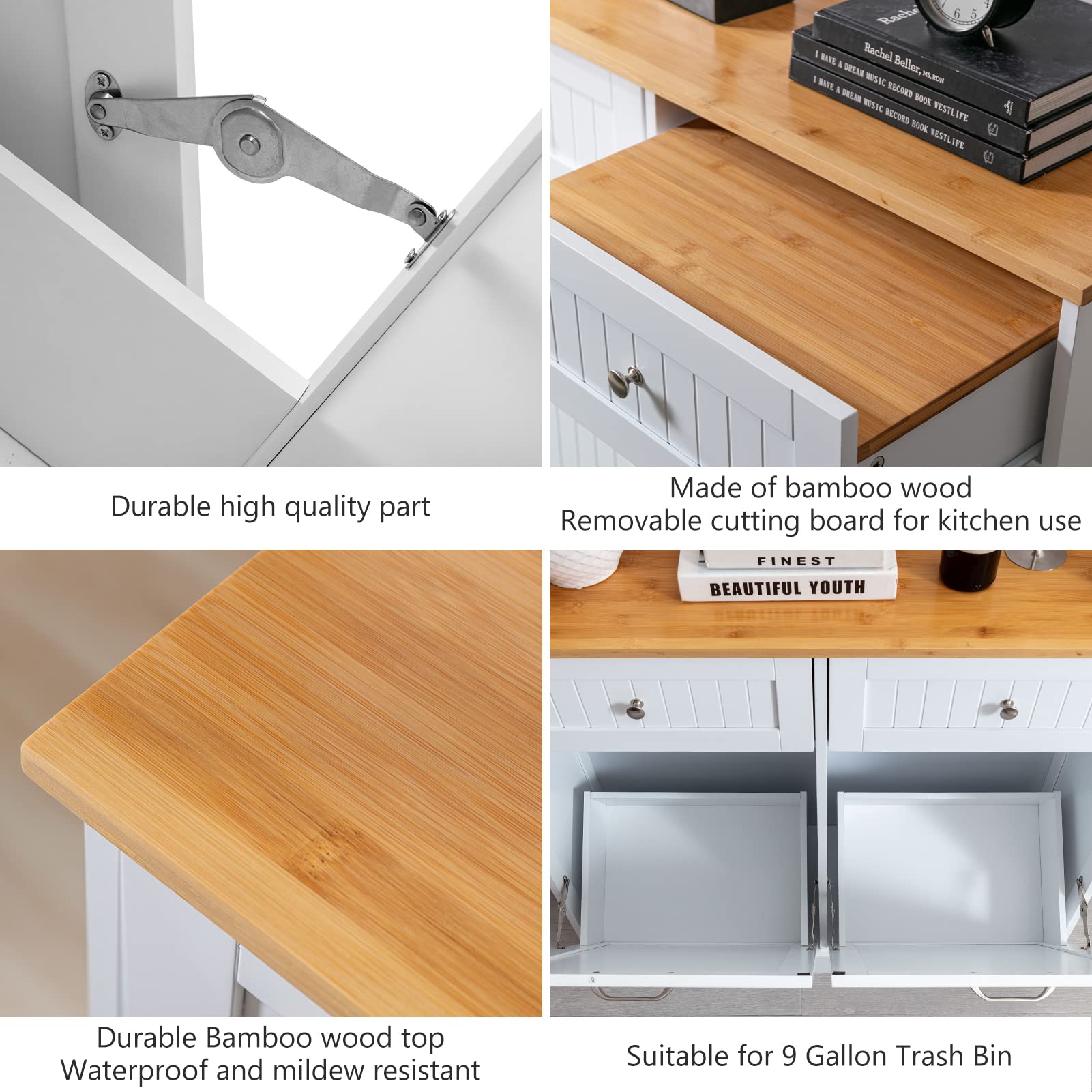 Freestanding Tilt-Out Trash Cabinet with Cutting Board - Pet Proof Kitchen Garbage Recycling Station, Wood Laundry Hamper & Hideaway Trash Holder Drawers (2, White) - Perfect for Small Kitchens, Apartments & Eco-Friendly Homes