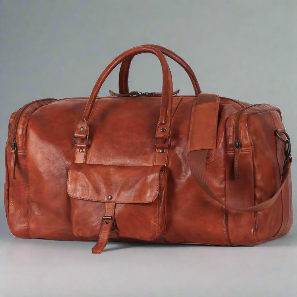 Premium MET 5-Pocket Genuine Leather Duffle Bag for Men - Travel, Gym & Weekend Getaways - Water-Resistant Carry-On Luggage for Business Trips & Outdoor Adventures