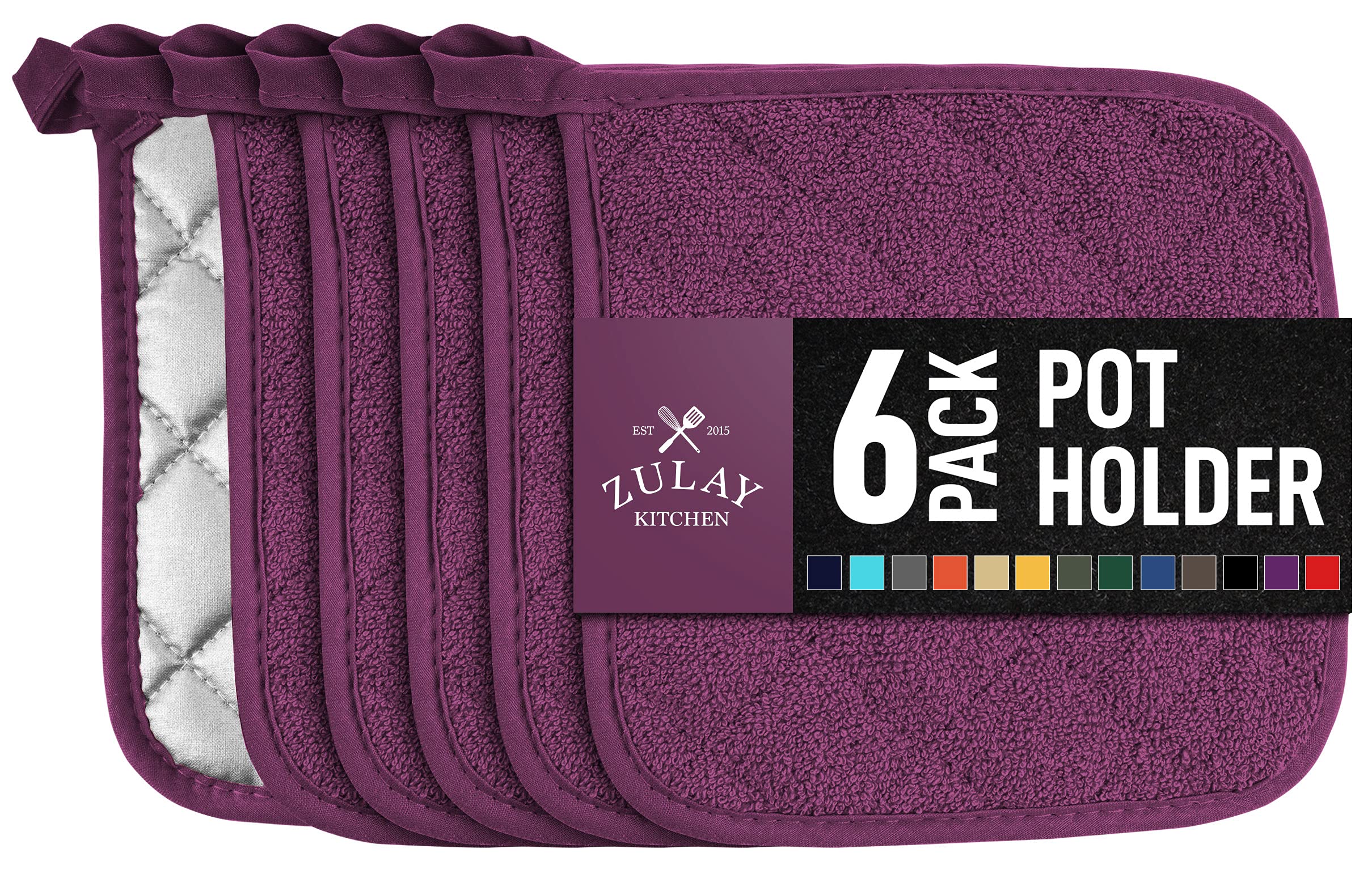 Zulay 6-Pack Heat Resistant Cotton Pot Holders - 7x7 Inch Quilted Terry Cloth Kitchen Potholders for Cooking, Baking & Grilling - Washable Hot Pad Set for Oven, Stove & BBQ (Purple) - Perfect for Holiday Cooking & Family Gatherings