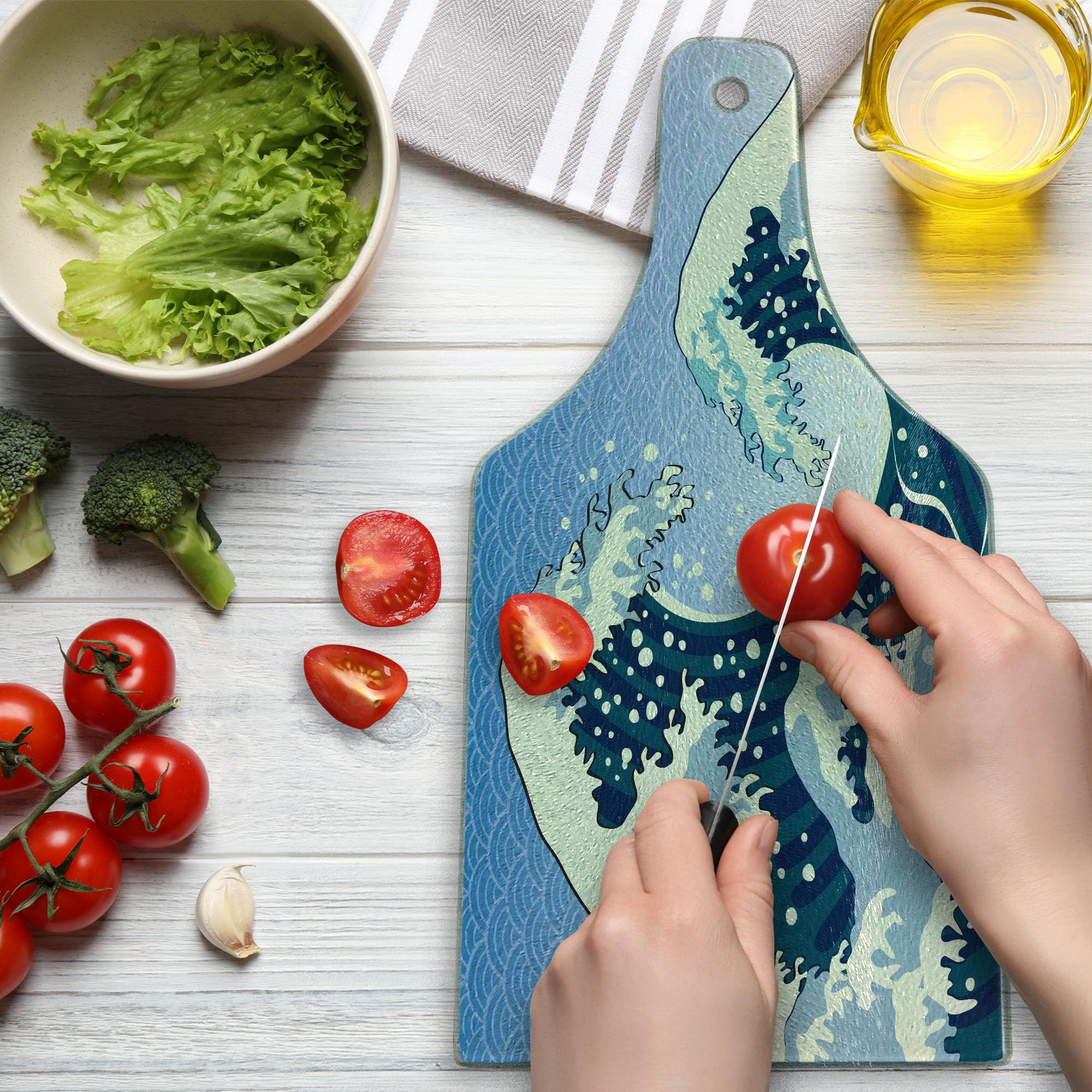 Ambesonne Japanese Wave Tempered Glass Cutting Board - Far Eastern Oceanic Storm Art, Teal Blue White Wine Bottle Design - Perfect for Sushi Serving, Charcuterie Display & Kitchen Decor
