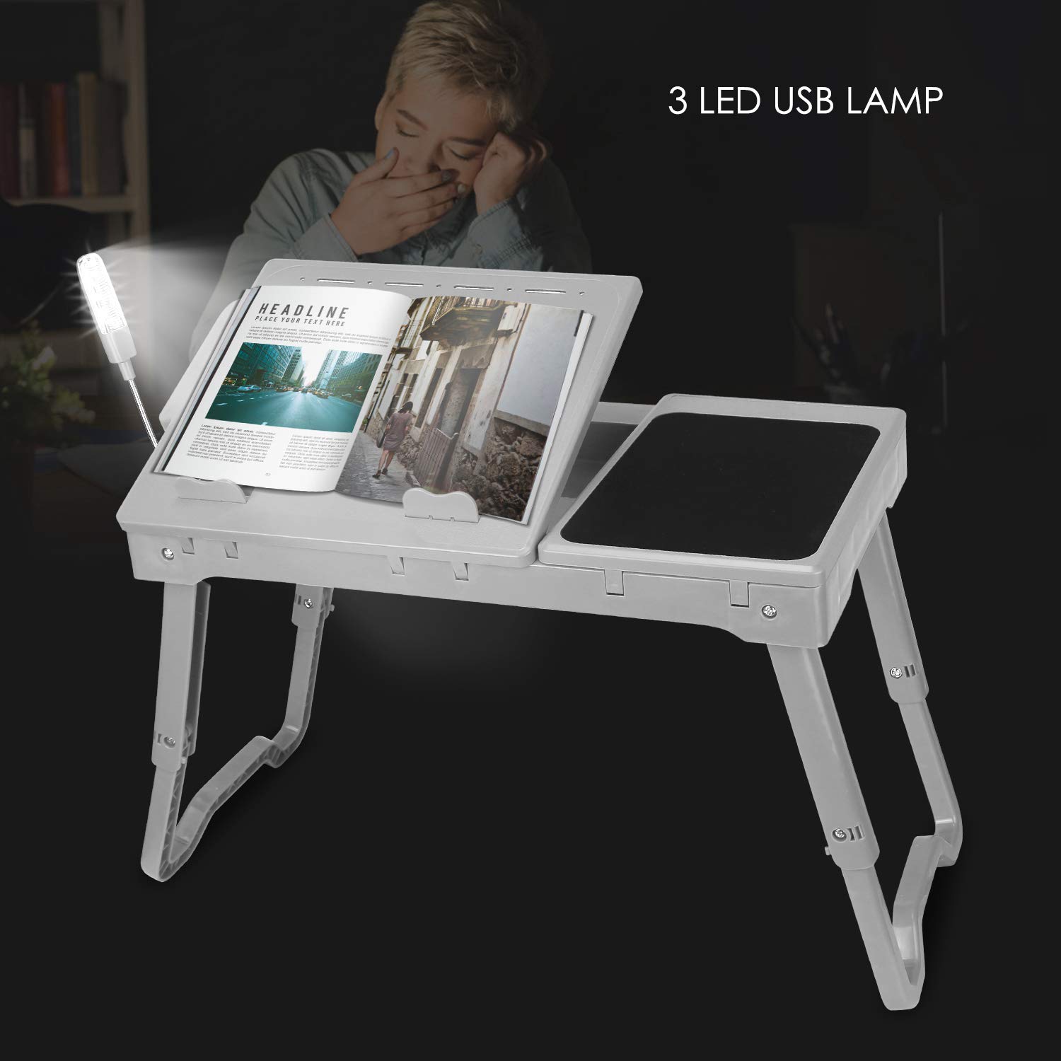 iMountek Multi-Functional Laptop Bed Table with Cooling Fan, LED Light, 4 USB Ports & Storage - Adjustable Notebook Tray Desk with Mouse Pad (Grey) - Perfect for Working, Studying or Watching Movies in Bed, Sofa or Floor