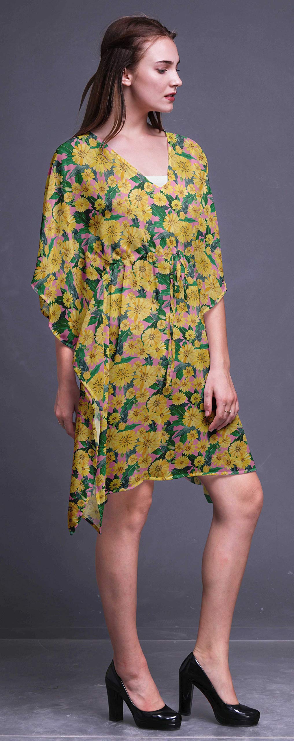 Bimba Women's Short Caftan Midi Dress - Beach Cover Up, Swimwear Cover Up, Summer Boho Kaftan Dress for Pool, Vacation & Resort Wear