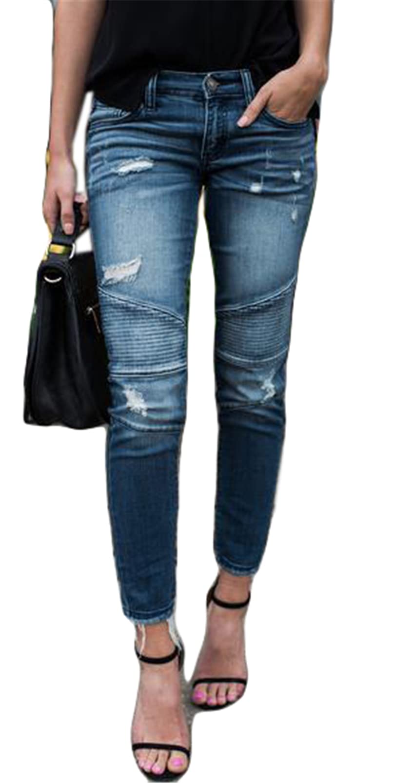 Recious Women's Sexy Moto Biker Stretchy Skinny Leggings - High Waist Denim Jeans for Workout, Yoga & Casual Wear | Perfect for Motorcycle Riding & Night Out
