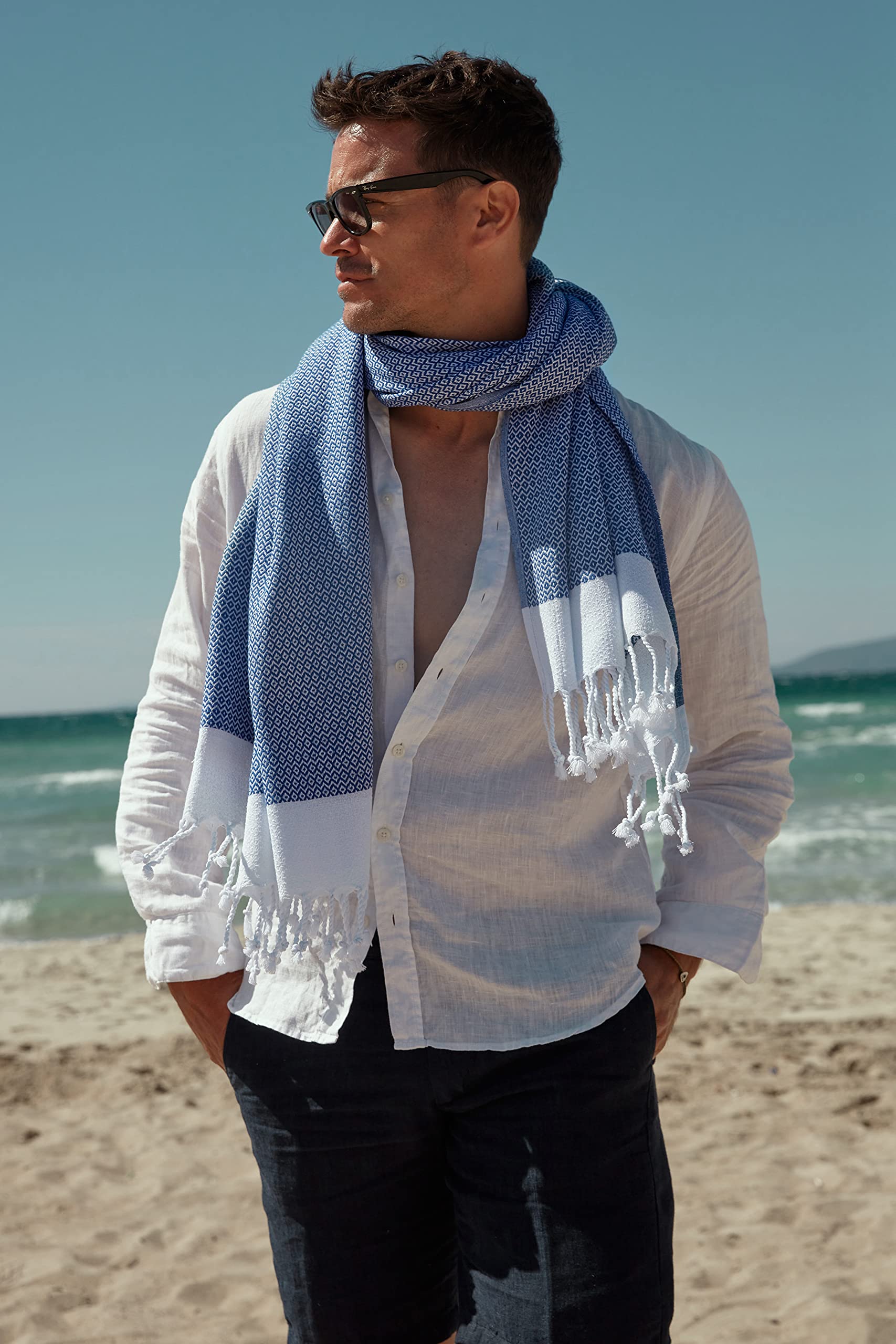 SMYRNA TURKISH COTTON Original Series Beach Towel - 37x71 Inch Oversized, Extra Large, Quick Dry, Sand Free - Lightweight Cotton for Pool, Spa, Travel, Gym & Bath - Perfect for Beach Vacations, Yoga Sessions & Lounging by the Pool - Azure Blue