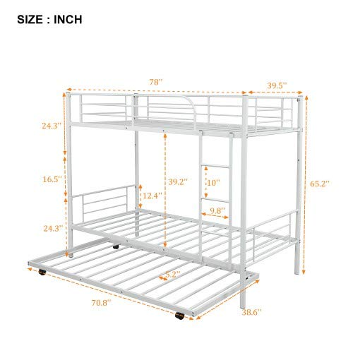 Twin-Over-Twin Metal Bunk Bed with Trundle, Ladders & Safety Rails - Converts to 2 Separate Beds, No Box Spring Required (White) | Perfect for Kids' Rooms, Guest Rooms & Small Spaces