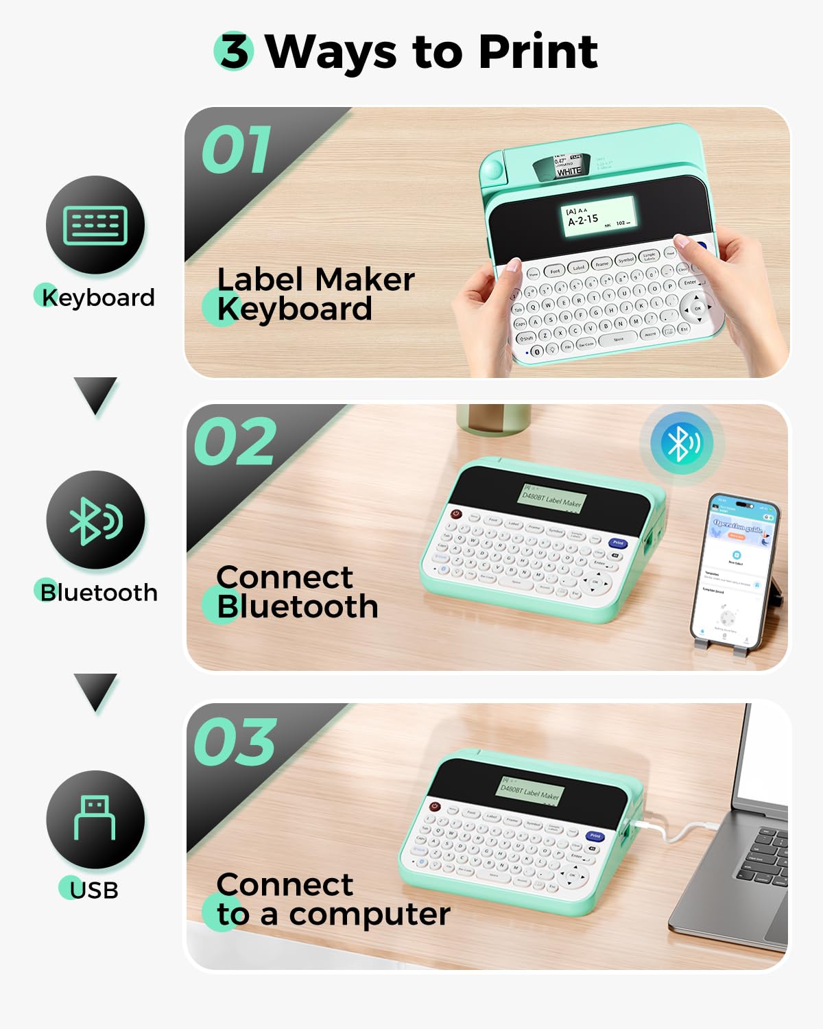 D480BT Bluetooth Label Maker Machine with Tape - QWERTY Keyboard Label Printer with Backlit LCD Screen | Up to 3/4