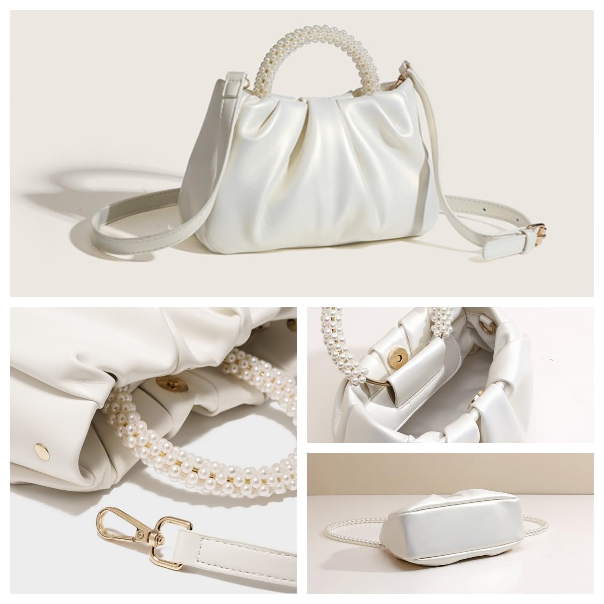 Elegant Pearl Evening Clutch for Women - Soft Leather Ruched Crossbody Shoulder Bag for Party, Wedding & Special Occasions | Perfect for Date Nights, Galas & Formal Events