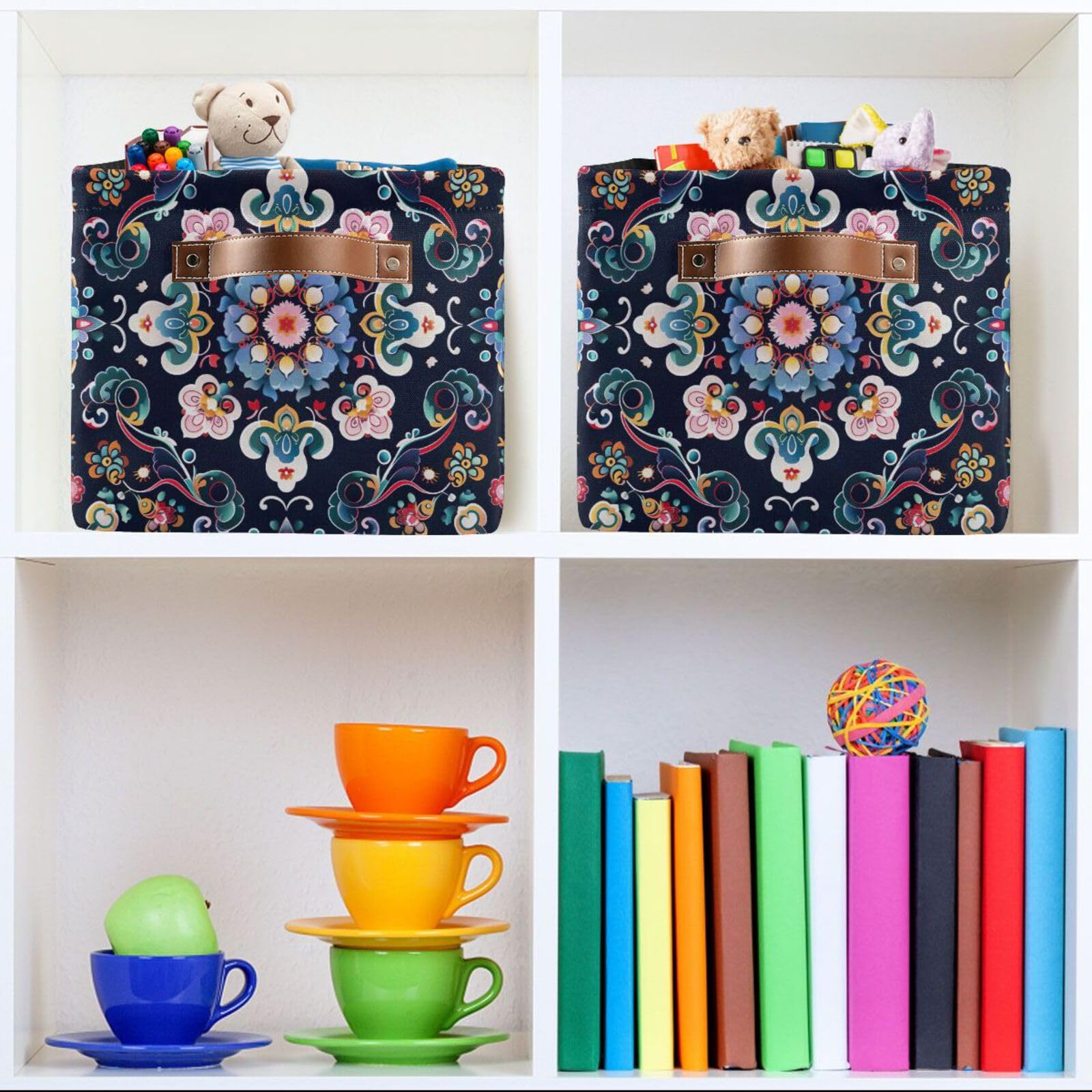 Qilmy Mandala Storage Basket 2-Pack - Foldable Canvas Rectangular Organizer with Leather Handles for Closet, Office, Nursery & Home Decor | Perfect for Toy Storage, Blanket Organization & Shelf Bins