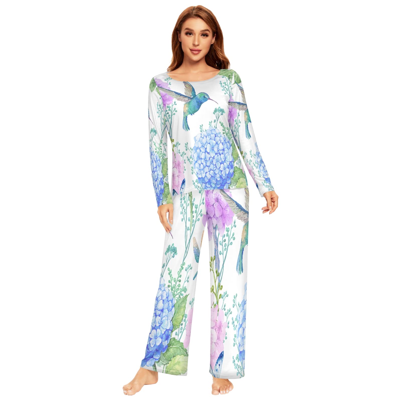 ALAZA Women's Hummingbird Floral Watercolor Pajama Set - 2 Piece Long Sleeve Sleepwear & Loungewear - Soft Cotton Nightwear for Relaxing at Home or Gift Giving