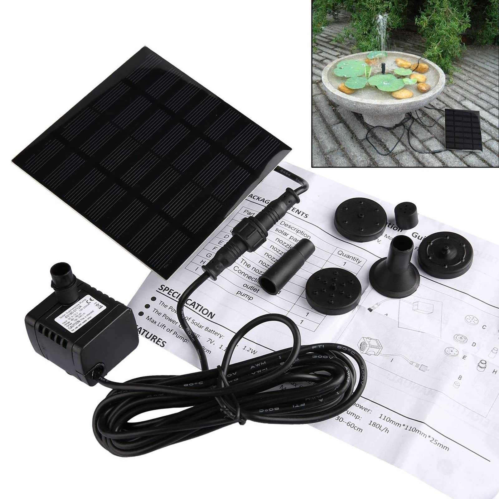 Solar Powered Water Fountain Pump for Bird Bath & Fish Pond - 7V/1.2W Outdoor Garden Fountain Kit with Bubbler Feature (Requires Sunlight) - Perfect for Backyard Decor, Patio Water Features & Wildlife Attraction