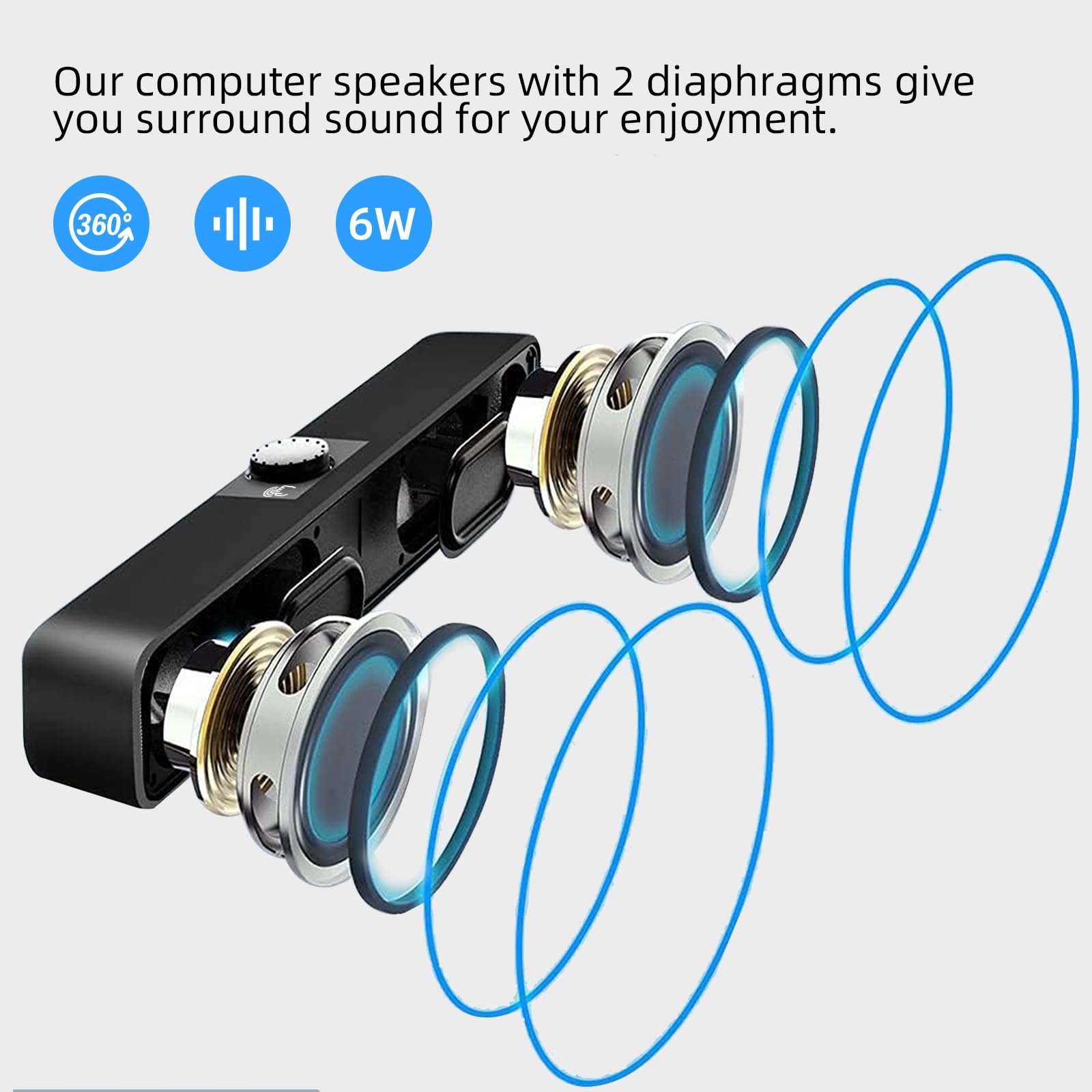 USB PC Speakers with Volume Control - Stereo Sound Bar for Monitor, Laptop, PS5 & Smartphones - Perfect for Gaming & Home Office