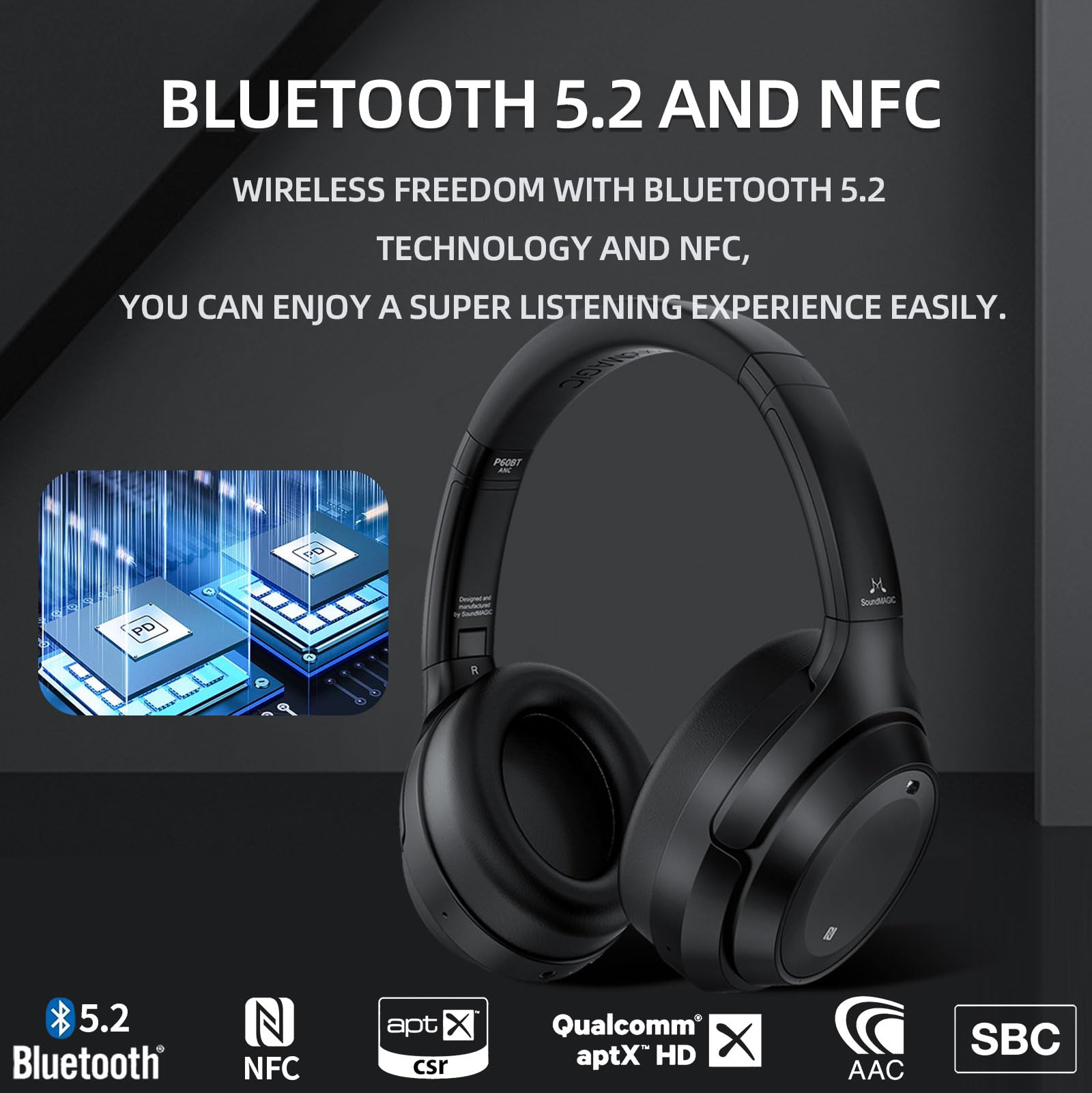SoundMAGIC P60BT Wireless Bluetooth Headphones with Active Noise Cancelling - HiFi Stereo Over-Ear Headset, HD MIC, Touch Controls, 50H Playtime (Black) - Perfect for Travel, Commuting & Home Entertainment