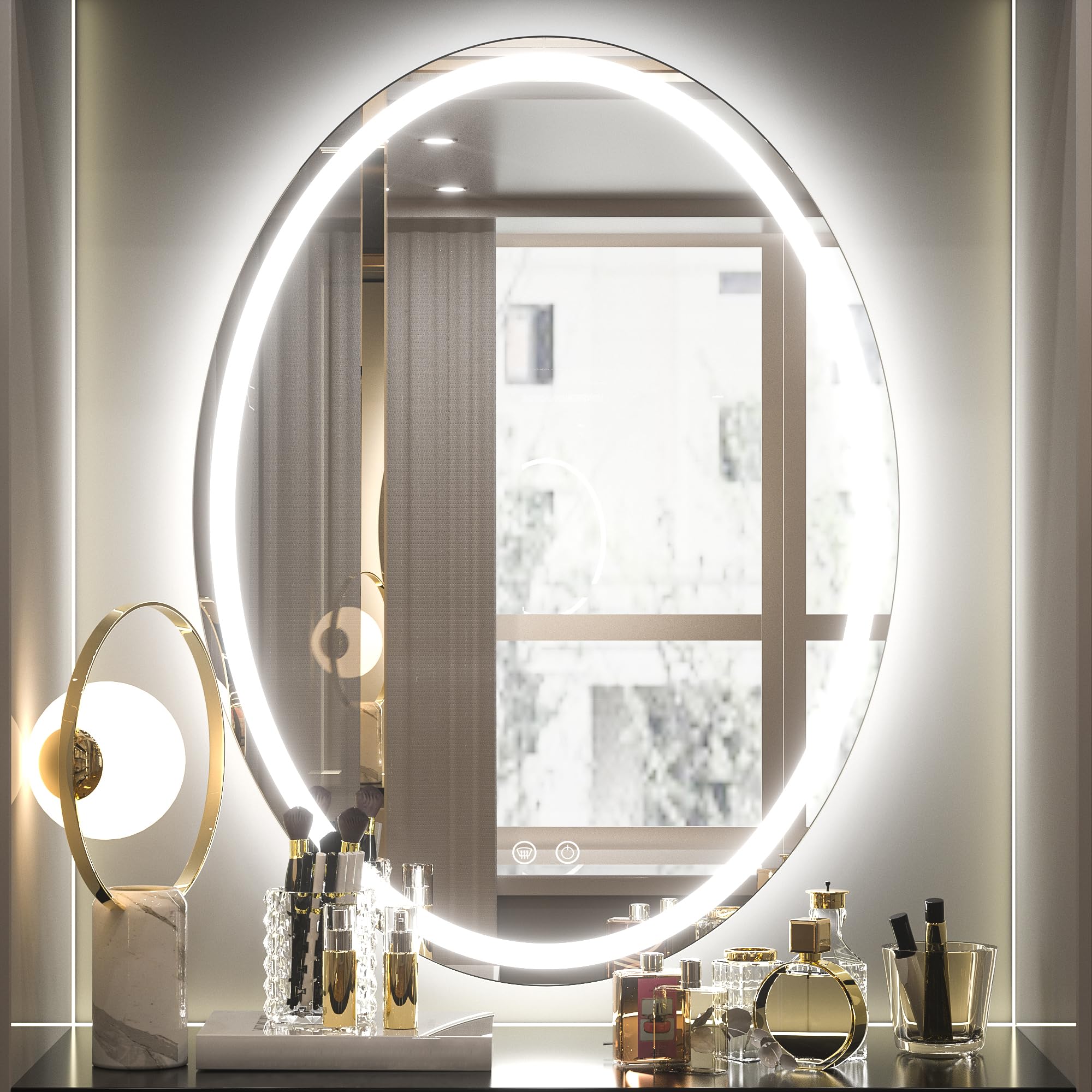 Keonjinn 24 x 32 Inch Oval LED Bathroom Mirror with Anti-Fog & Shatter-Proof Design, Frontlit Vanity Mirror with CRI 90+ Lighting - Perfect for Makeup, Shaving & Home Decor