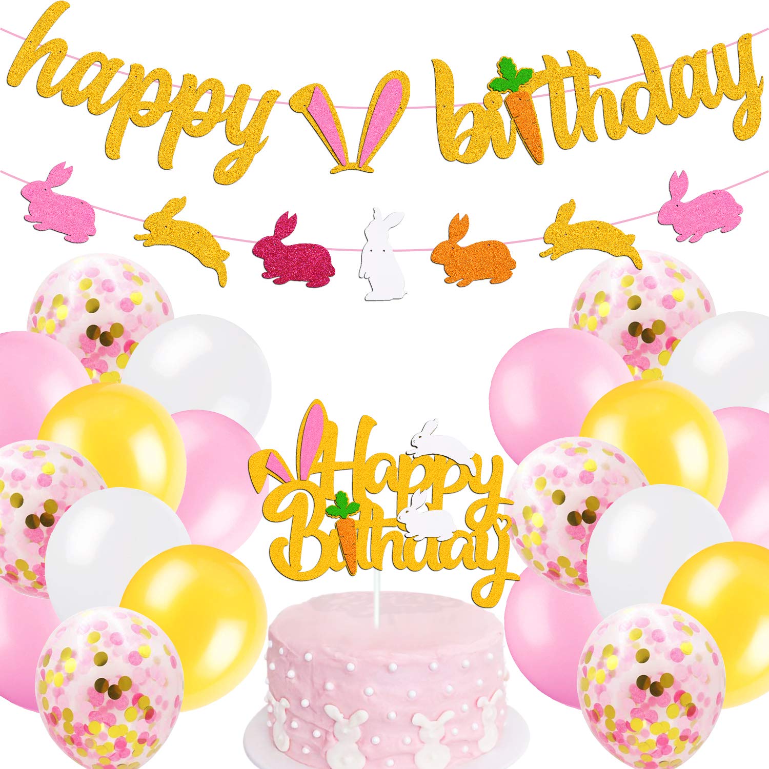 Bunny Birthday Decorations Kit - Rabbit Theme Party Supplies with Happy Birthday Banner, Cake Topper, Pink Gold White Latex Balloons for Girls 1st & 2nd Birthday, Easter & Spring Celebrations - Perfect for Baby Showers, Kids Parties, and Festive Home Decor