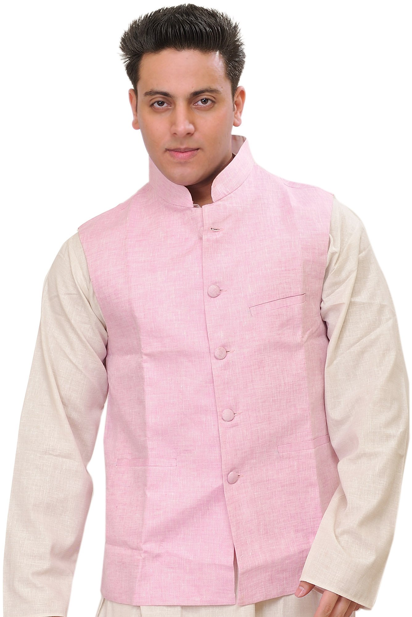 Exotic India Plain Pure Linen Modi Jacket - Traditional Indian Nehru Collar Coat for Men - Perfect for Weddings, Festivals & Cultural Events