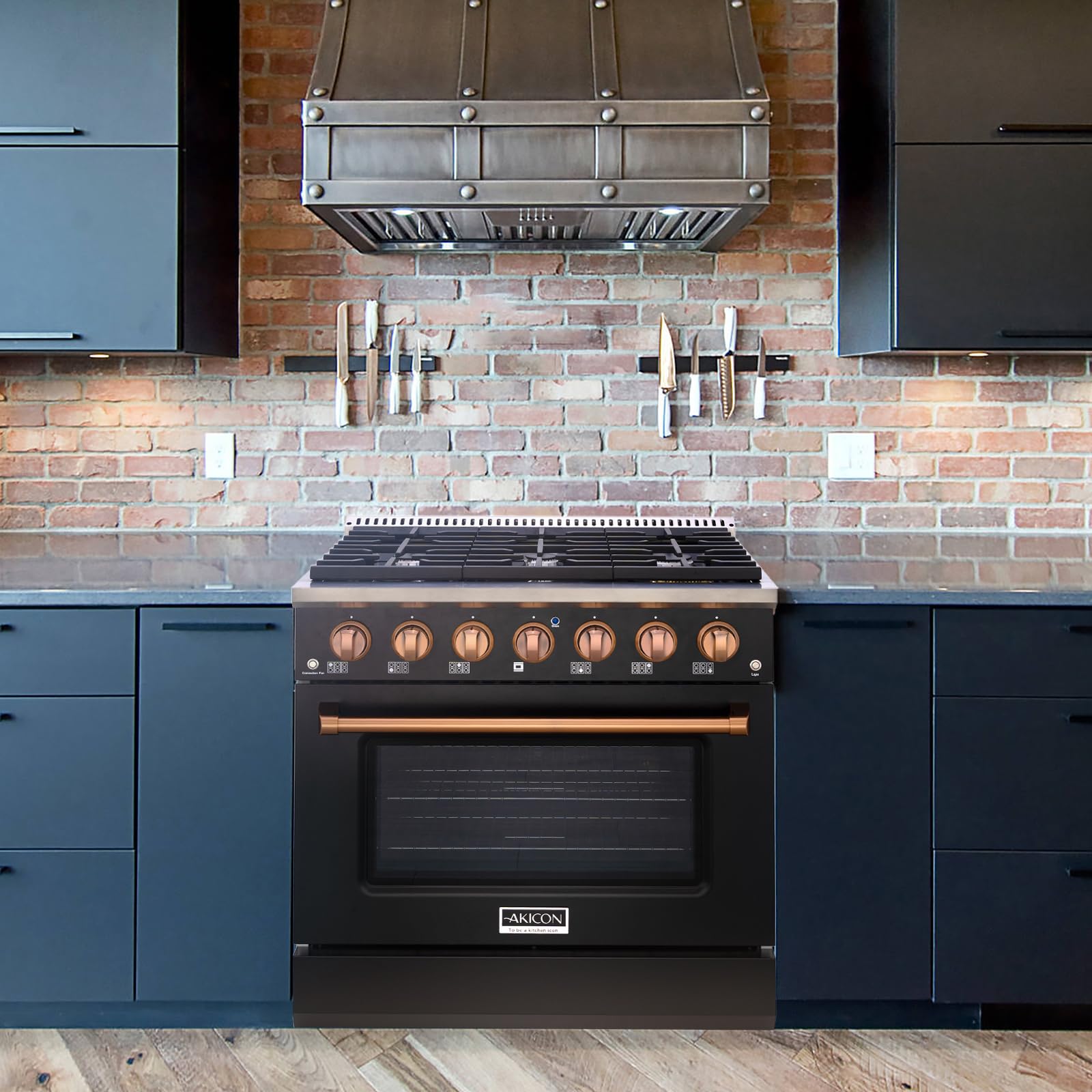 Akicon 36 Inch Freestanding Gas Range - 6 Sealed Burner Gas Stove with Heavy Duty Cast Iron Grates | 5.2 cu.ft Rapid Convection Oven | Blue Porcelain Interior (Black & Copper) | Perfect for Home Kitchen, Restaurant & Commercial Cooking