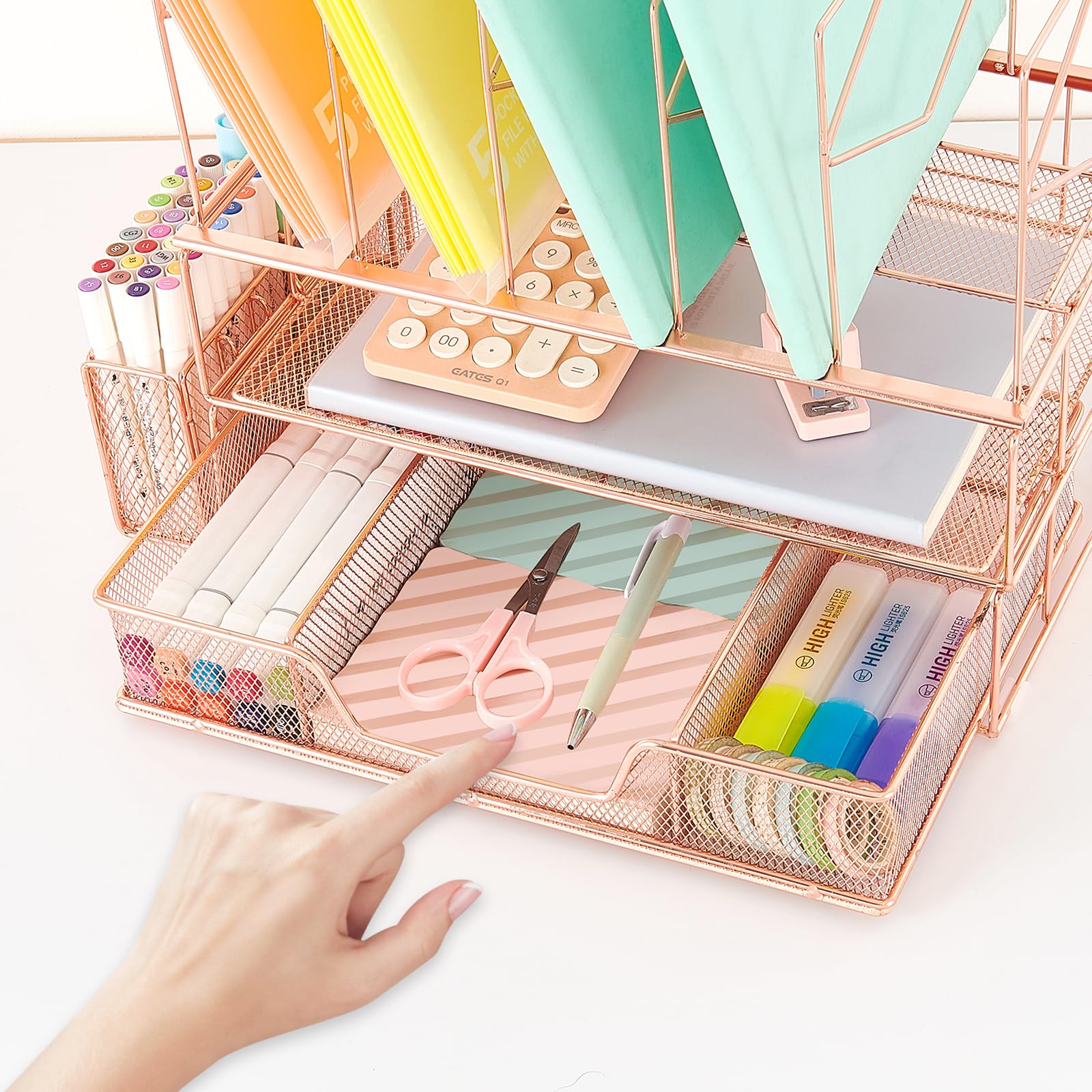 Youbetia Rose Gold Desk Organizer with Drawer - Office Supplies for File Organization, Double Tray & 5 Upright Sections - Perfect for Home Office, Workspace & School Organization Accessories