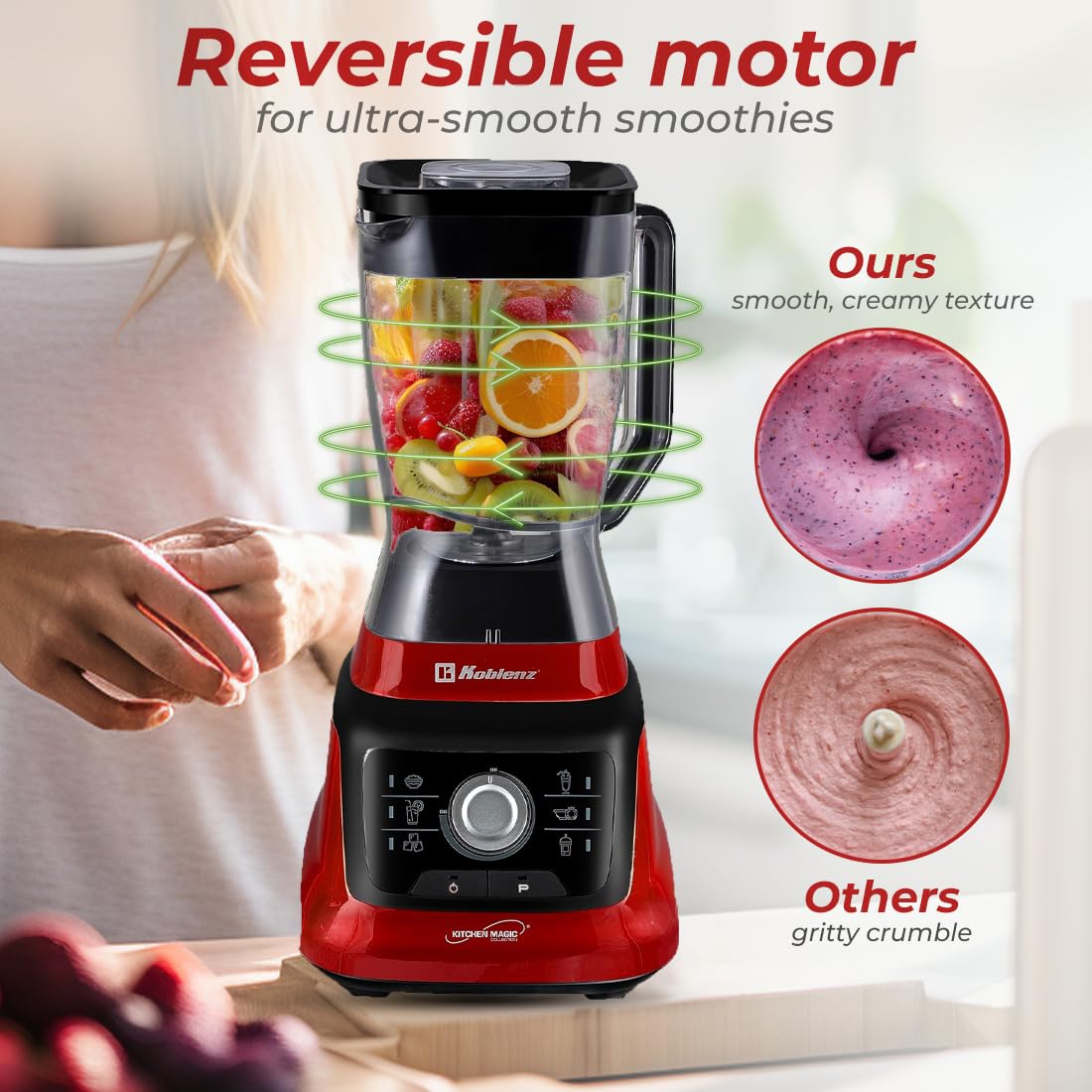 Koblenz Bob Blender 1400W - 6-Speed Countertop Blender with Reversible Motor, 68oz BPA-Free Jug & Travel Cup - Super Quiet for Smoothies, Protein Shakes & Meal Prep (Black/Red, LKM-9608)