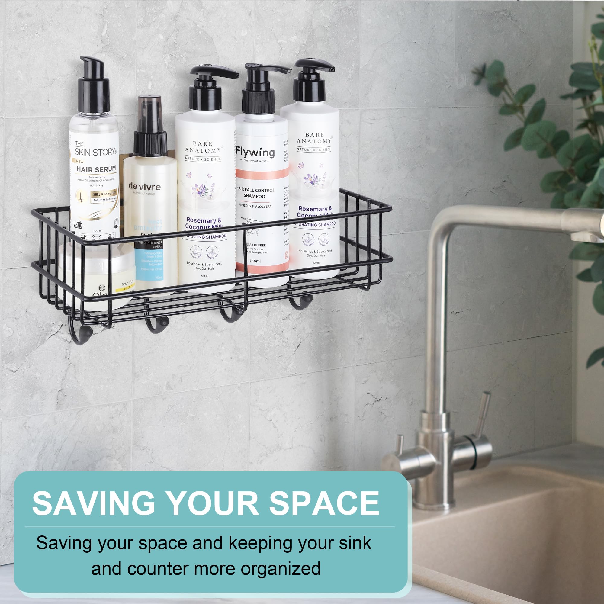 WolChen Adhesive Shampoo & Soap Holder Shelf - Wall Mount Bathroom & Kitchen Storage Organizer, Black Mild Steel - Perfect for Small Spaces, Showers, and Closet Organization