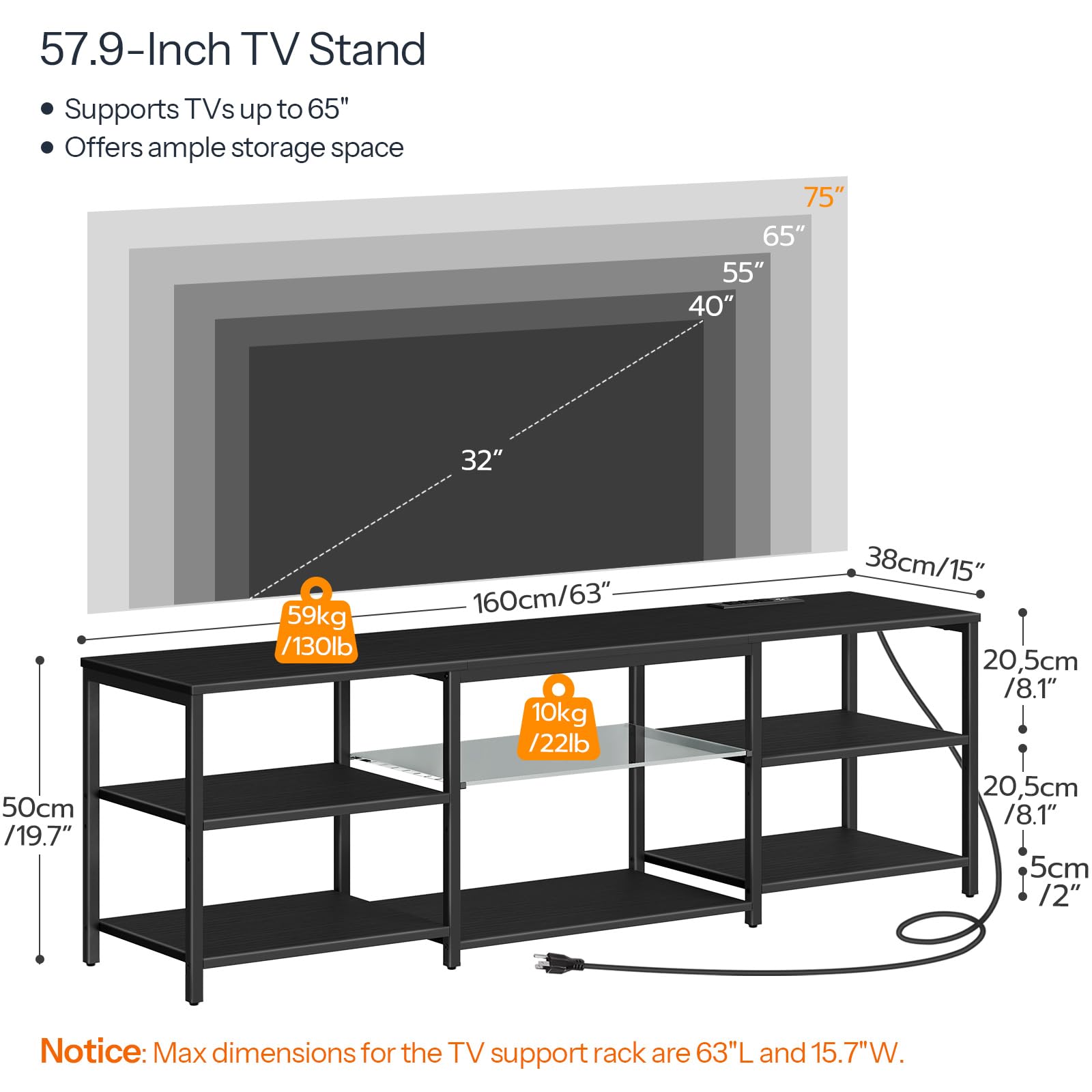 HOOBRO 75 Inch LED TV Stand with Charging Station & 3-Tier Open Storage - 63