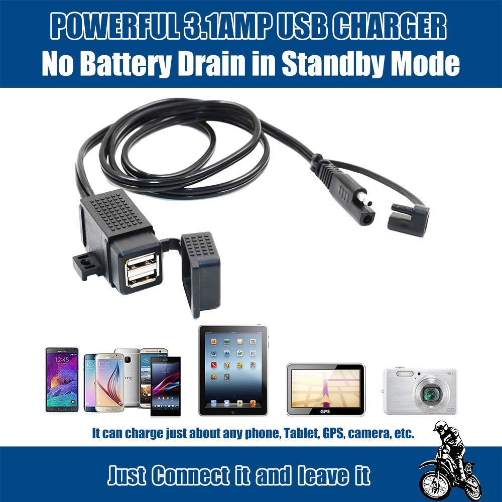 MOTOPOWER MP0609C 3.1A Waterproof Dual USB Charger for Motorcycle - SAE to USB Adapter for Phone, Tablet, GPS - Perfect for Road Trips & Outdoor Adventures