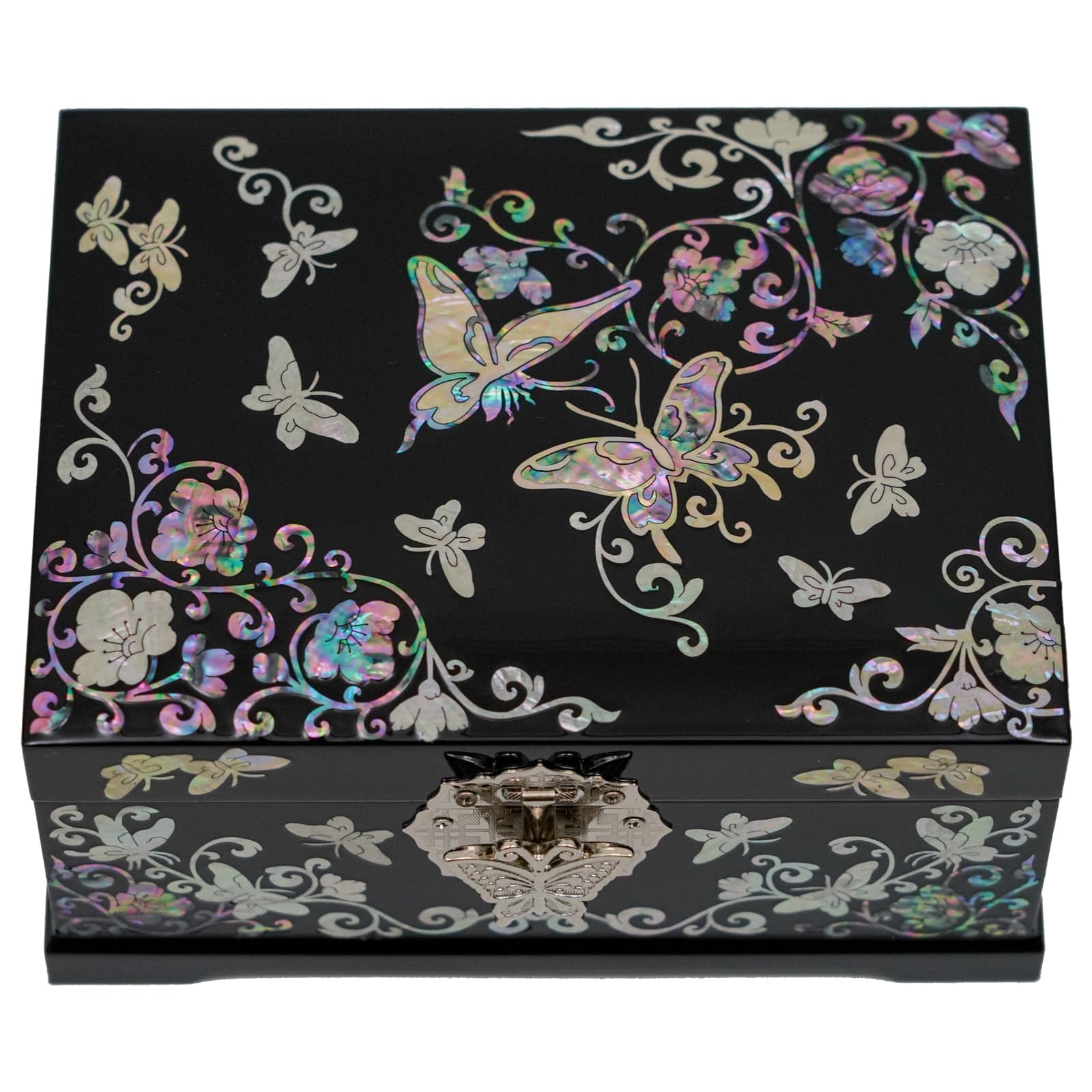 February Mountain Mother of Pearl Jewelry Box - 2-Layer Handmade Wooden Keepsake Box with Peacock Design, Perfect Gift for Women, Mom, Wife, Girlfriend, Sister - Butterfly & Moon Pattern for Jewelry Storage & Home Decor
