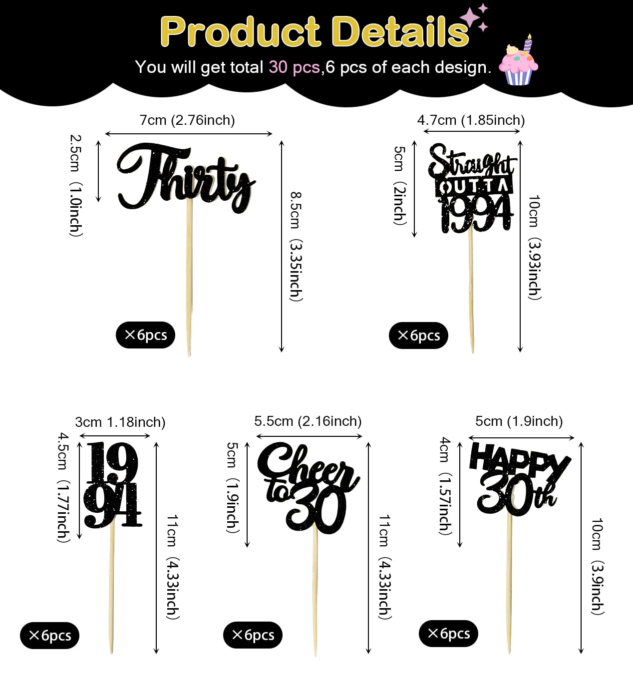 30PCS 30th Birthday Cupcake Toppers - Gold & Black Party Decorations for Men & Women - 1994 Themed 30th Birthday Party Supplies - Perfect for Anniversary Celebrations & Milestone Parties