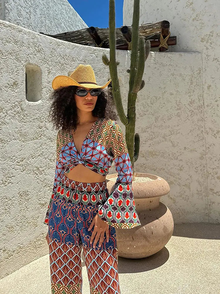 Vintage Floral Print Long Flare Sleeve Crop Top & Wide Leg Pants Set for Women - Elegant V Neck Blouse with Elastic Waist Trousers Outfit | Office Wear, Party, Date Night, Casual Chic Fashion