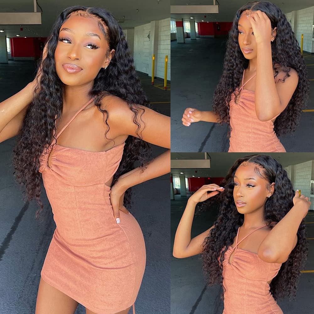 Aomllute 13x4 HD Deep Wave Lace Front Wigs Human Hair - Pre Plucked Curly Human Hair Lace Frontal Wigs for Women - 180% Density Glueless Wig with Baby Hair - 26 Inch Natural Black (Perfect for Daily Wear, Cosplay & Special Occasions)