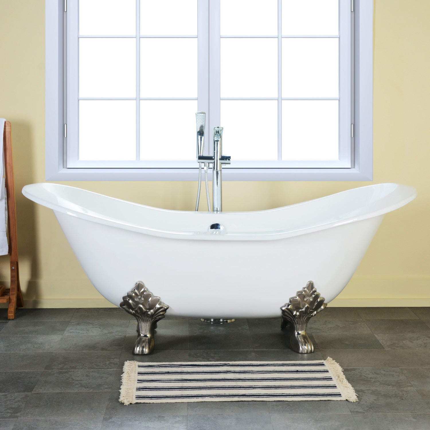 72 Inch White Cast Iron Clawfoot Bathtub - Oval Double Slipper Design with Polished Chrome Feet | Vintage Freestanding Soaking Tub for Luxury Bathroom & Spa Relaxation