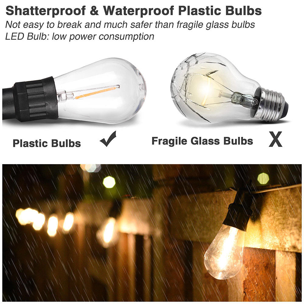 Solar Powered Outdoor String Lights - 15 LED Bulbs, 48ft Waterproof Bistro Lights for Patio, Garden, Backyard & Wedding Decor