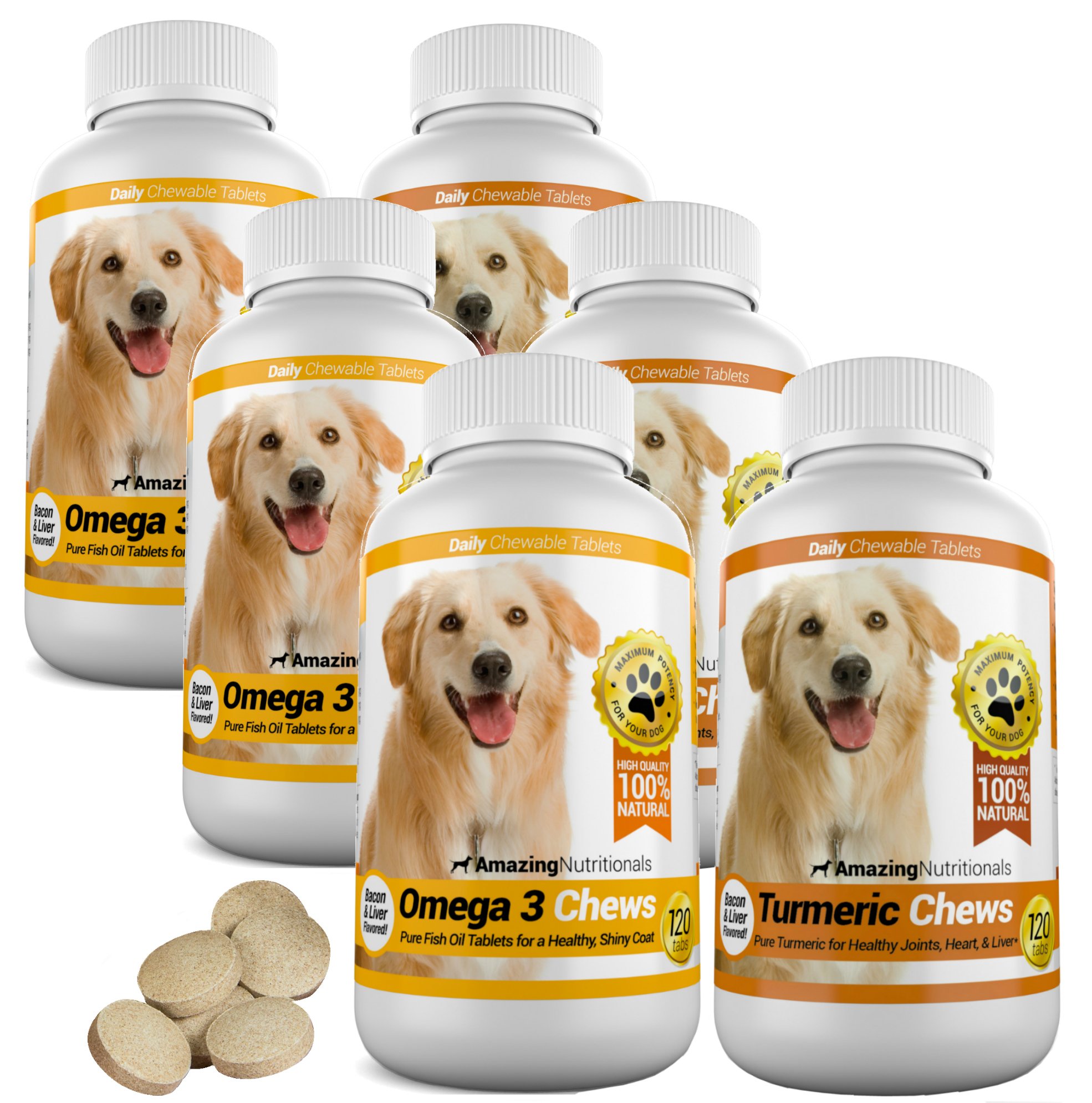 Premium Omega-3 Fish Oil & Turmeric Curcumin Supplement for Dogs - All-Natural Antioxidant Chews for Healthy Coat, Brain Function & Joint Support - 240 Tasty Soft Chews (2 x 120 Count) - Ideal for Senior Dogs & Pets with Digestive Issues