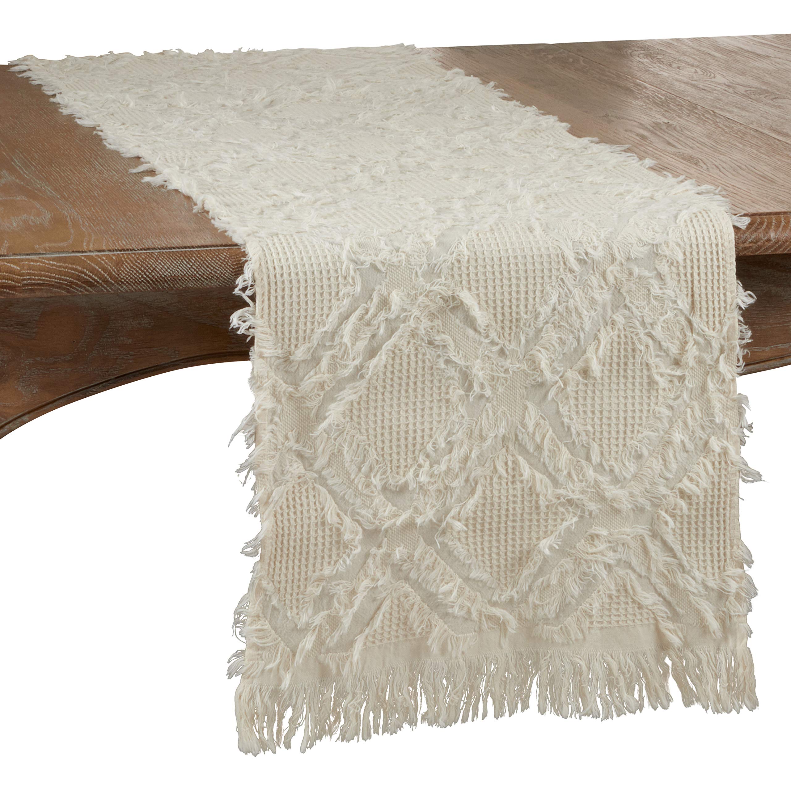 SARO LIFESTYLE Ivoryline Collection Fringe Waffle Weave Table Runner - 16