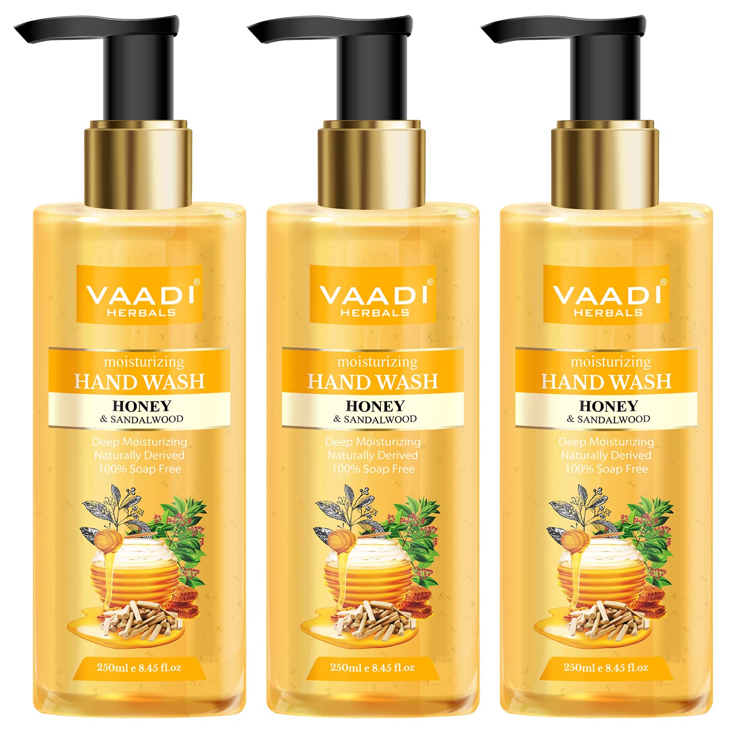 Vaadi Herbals Deep Moisturizing Honey & Sandalwood Hand Wash - 250ml (Pack of 3) | Natural Moisturizing Hand Soap for Dry Skin | Perfect for Home, Kitchen & Bathroom Use