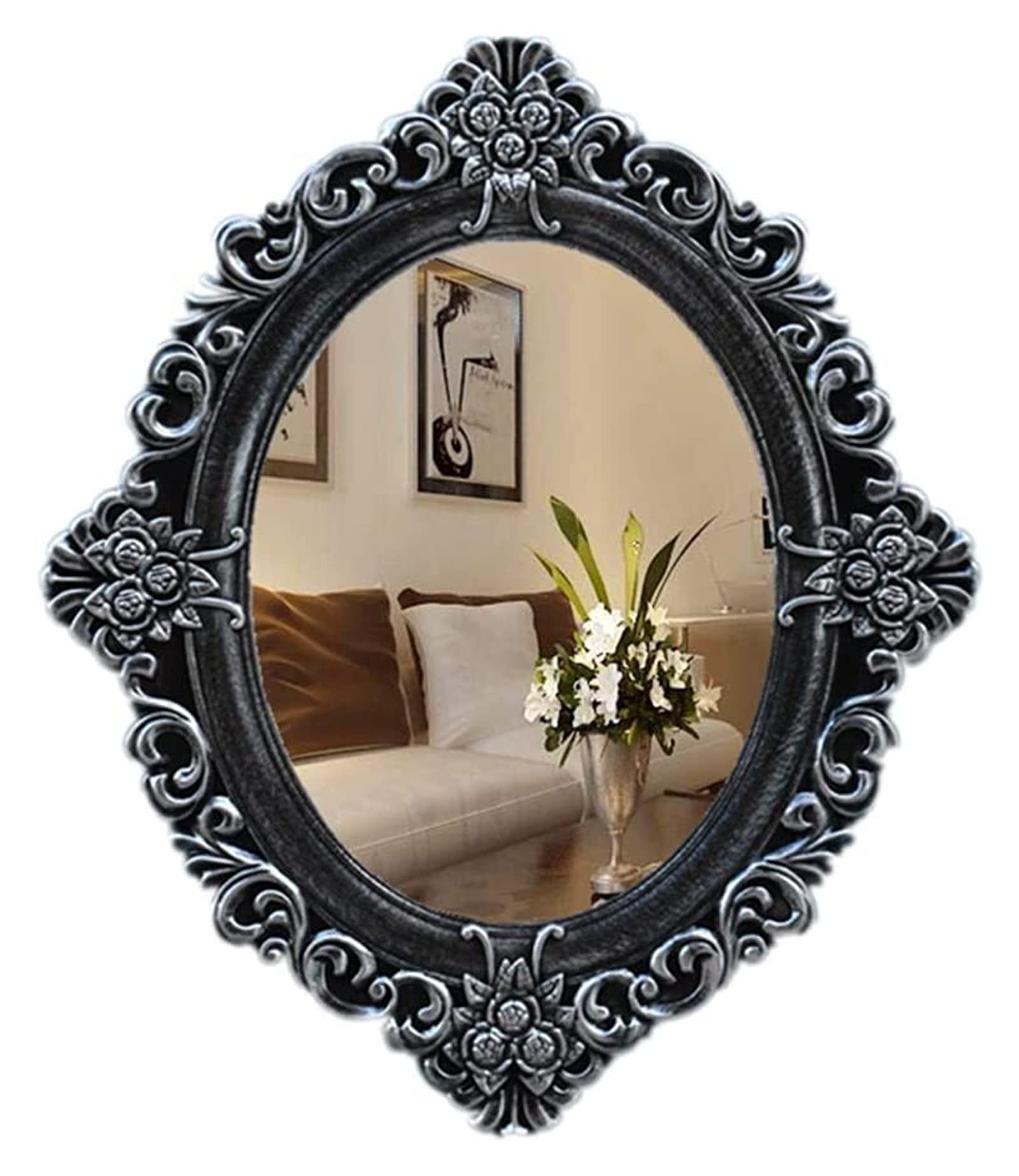 YIWANGO Oval Bathroom Wall Mirror - Baroque Style Vintage Decorative Mirror 23x24 Inches, Silver - Perfect for Vanity, Hallway & Bedroom Decor