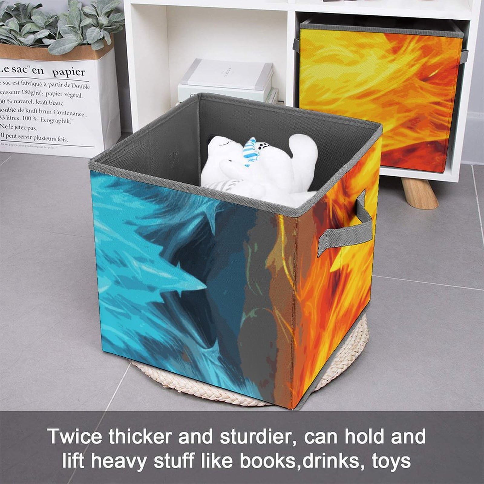Collapsible Storage Bins with Handles - Fire Vs Ice Art Printed Organizing Baskets for Home, Office & Closet Organization - Space Saving Storage Containers for Toys, Clothes & Household Items