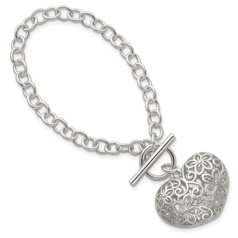Sonia Jewels 925 Sterling Silver Puffed Heart Toggle Charm Bracelet for Women - 7.75 Inch Adjustable (32mm Width) | Elegant Gift for Valentine's Day, Anniversary & Everyday Wear