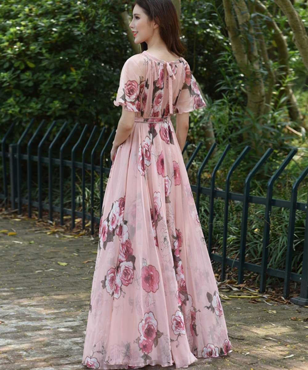 MedeShe Women's Floral Chiffon Maxi Dress - Elegant Summer Beach Sundress for Bridesmaid, Holiday Party & Vacation Wear | Lightweight Flowy Dress for Outdoor Events, Wedding Guest & Tropical Getaways