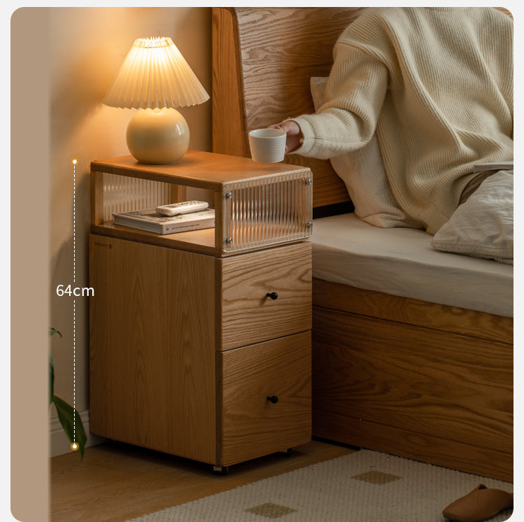 Solid Oak Wood Nightstand with Wheels and Built-in Light - Narrow Bedside Table for Small Spaces - Perfect for Bedrooms, Dorms, and Apartments