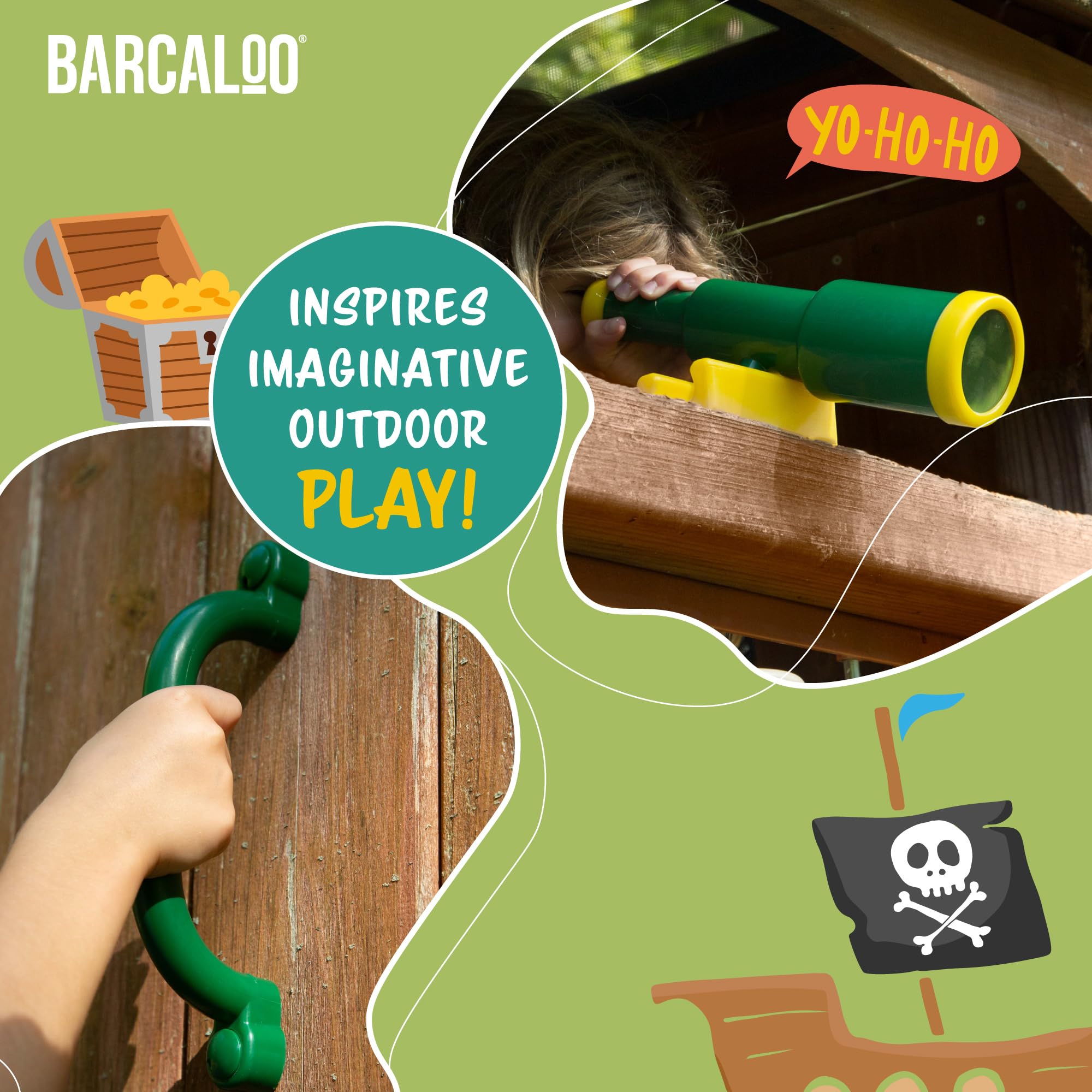 Kids Outdoor Playground Accessories - Pirate Telescope, Steering Wheel & Green Safety Handle Bars for Backyard, Playhouse, Treehouse, Jungle Gym, Swingset & Pirate Ship | Perfect for Imaginative Play & Outdoor Adventures