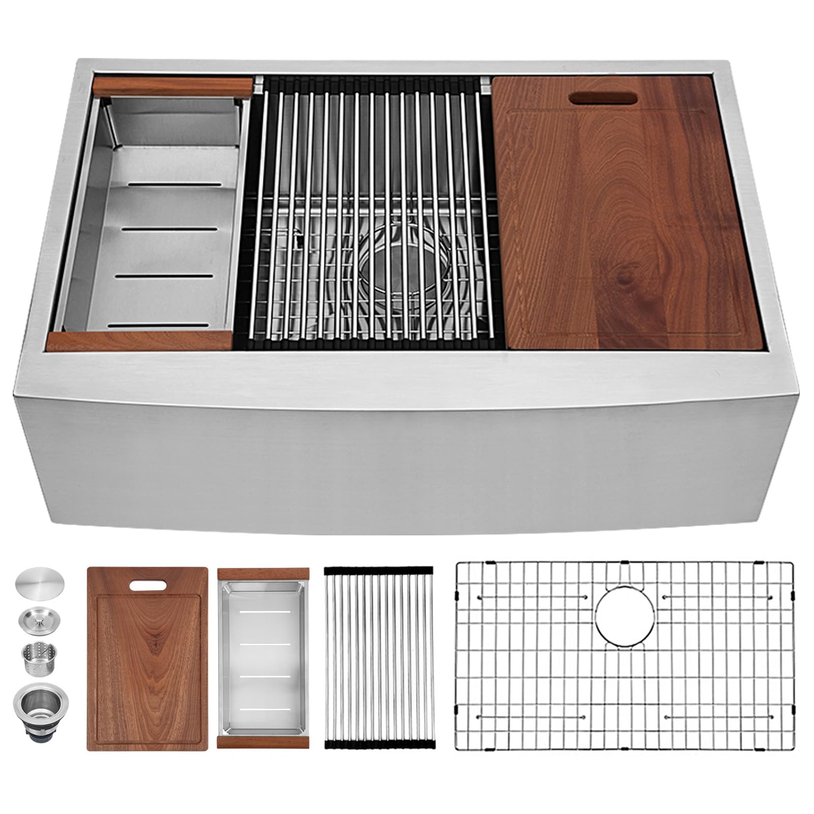 Sarlai 30 Inch Farmhouse Kitchen Sink - 16 Gauge Stainless Steel Single Bowl Apron Front Sink with Ledge Workstation (30