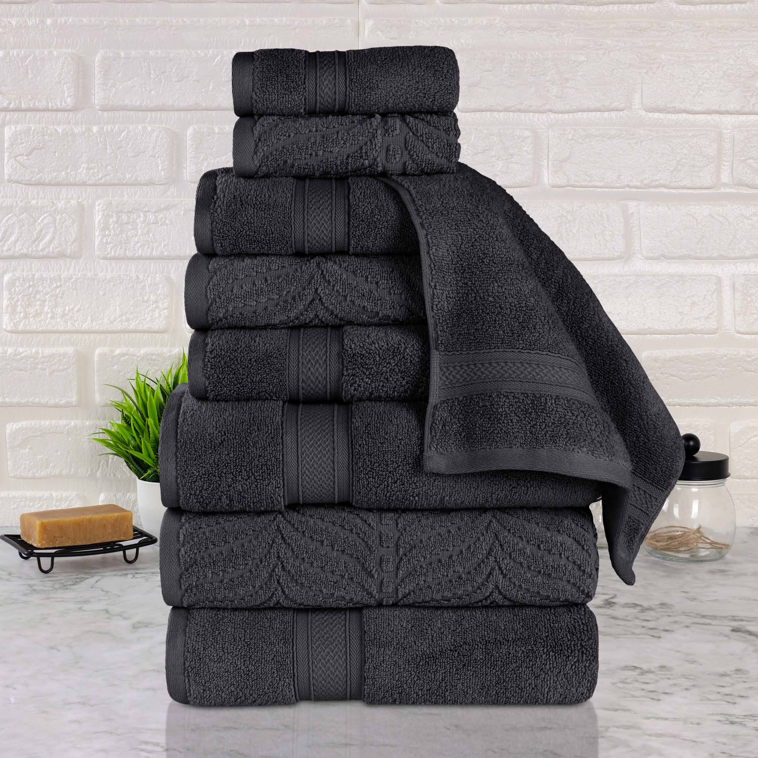 Premium 9-Piece Zero Twist Cotton Towel Set - Solid & Jacquard Elegant Chevron Design for Bath, Spa, and Luxury Home Decor