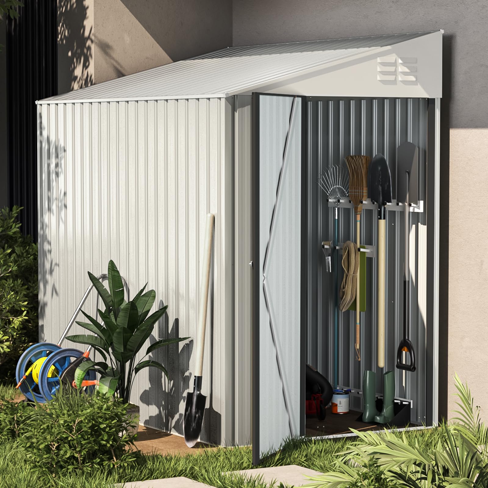 AECOJOY 4.2' x 7' White Metal Outdoor Storage Shed with Side Door - Lean-to Garden Shed for Backyard, Patio & Lawn Equipment Storage - Perfect for Storing Tools, Bikes & Seasonal Items