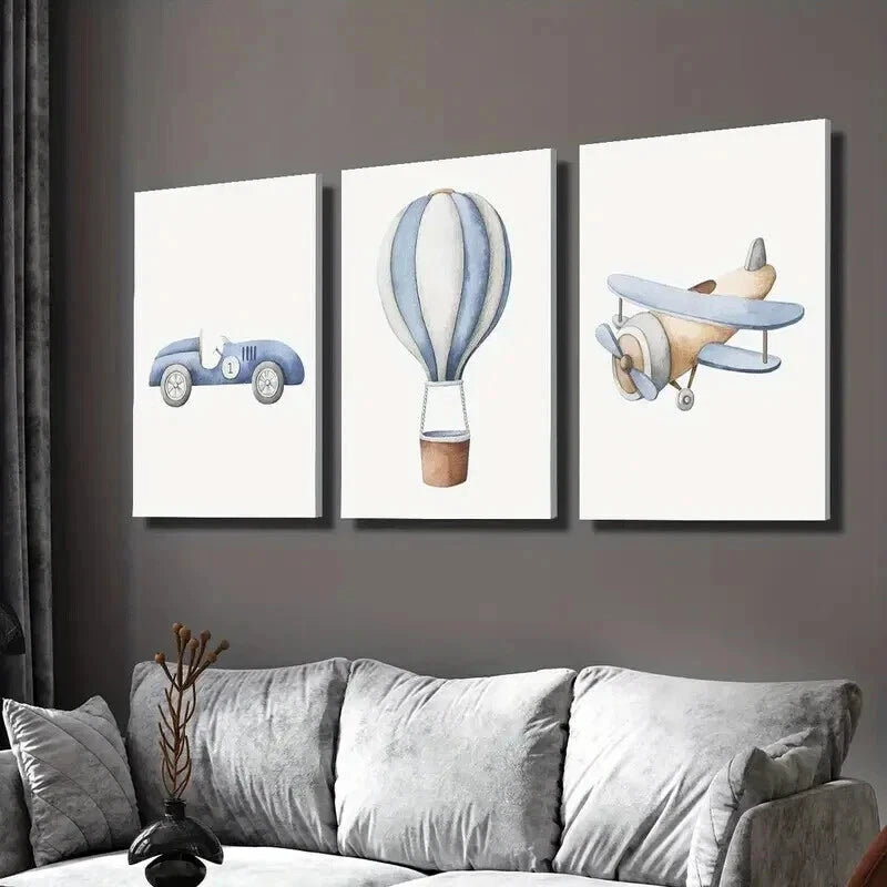 3-Piece Cartoon Vehicles Wall Art Set - Cars & Hot Air Balloons Framed Canvas 50x70cm | High Quality Print | 100% Australian Made | Ready to Hang | Perfect for Kids' Room, Nursery & Playroom Decor