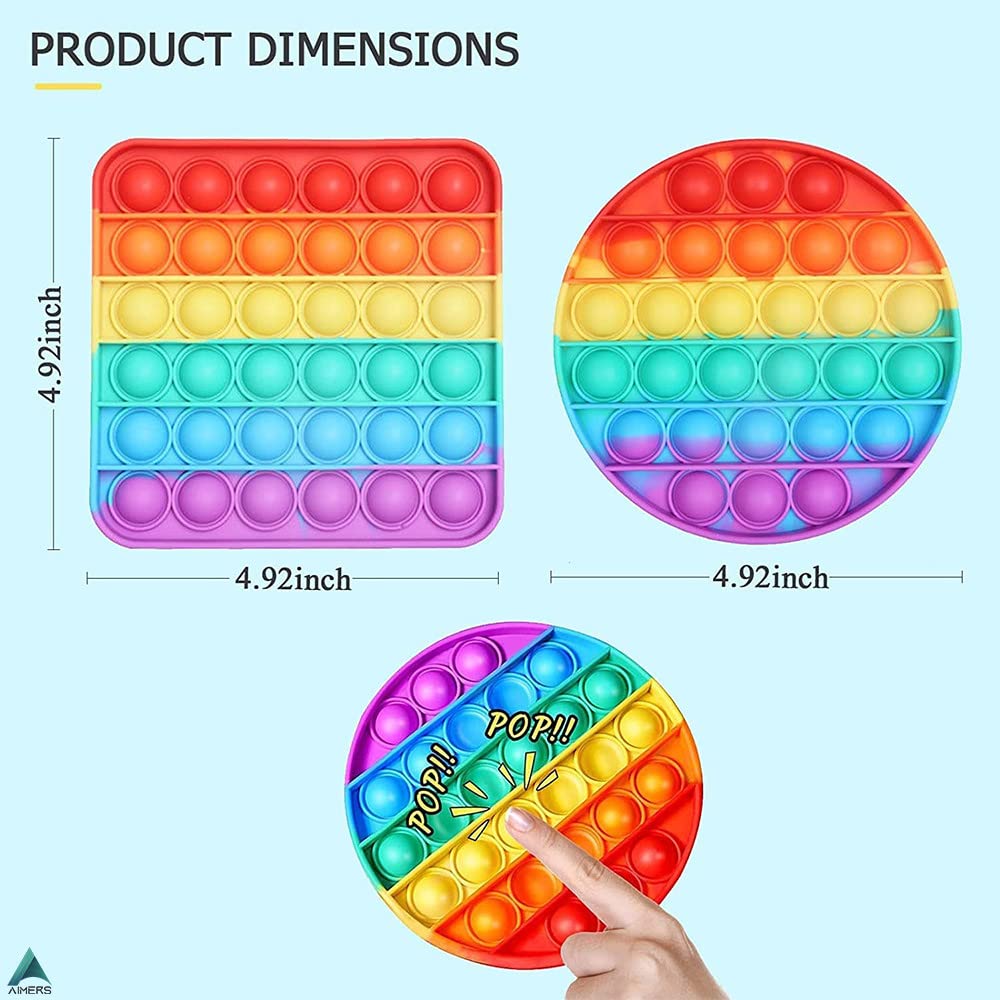 AIMERS 2 Pack Rainbow Pop Fidget Toys - Round & Square Push Bubble Sensory Toys for Stress Relief, Anxiety & Focus - Fun Popper Fidget Gadgets for Kids, Teens & Adults - Perfect for Home, Office & Classroom Use